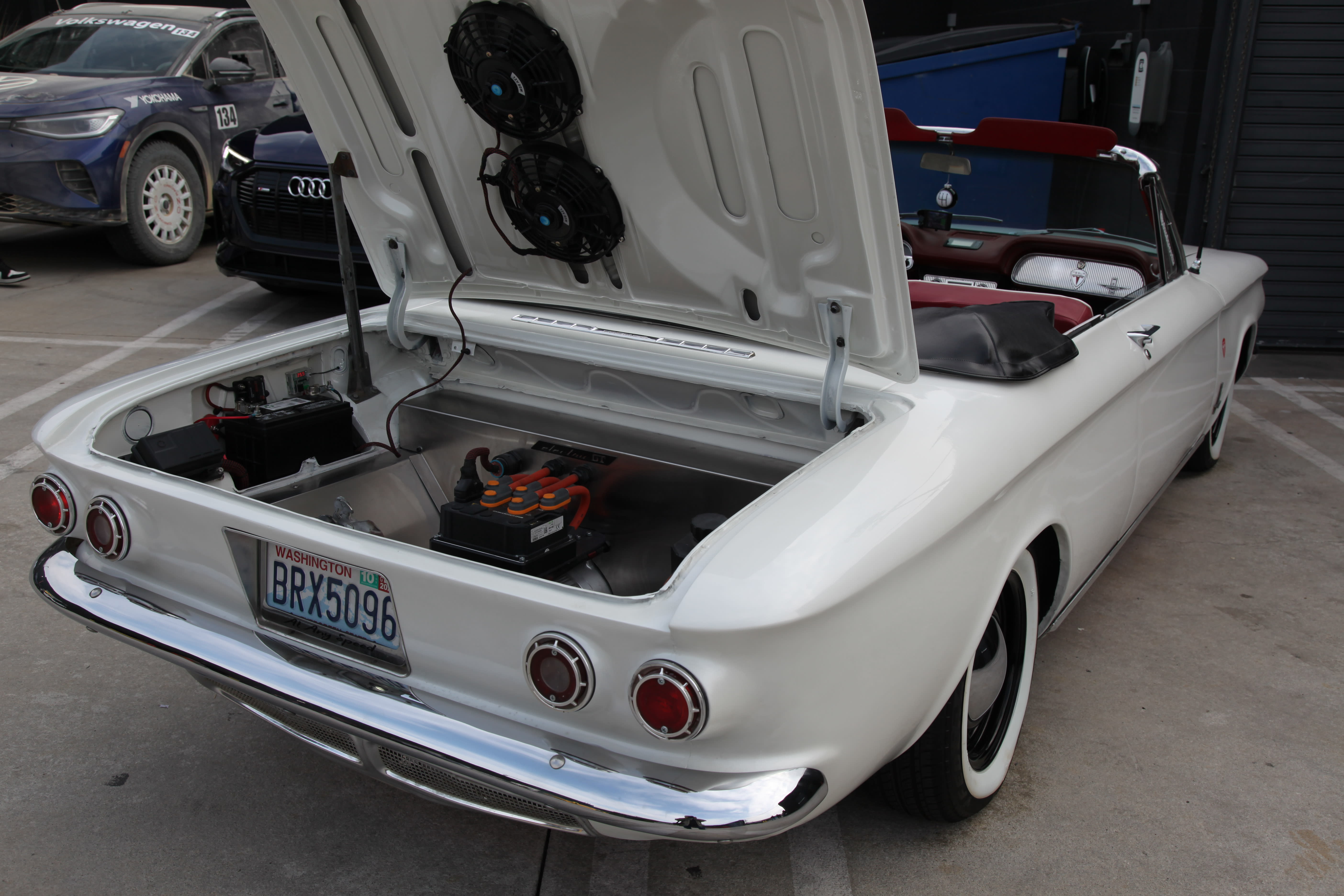 a classic mustang, retrofitted with an electric engine.