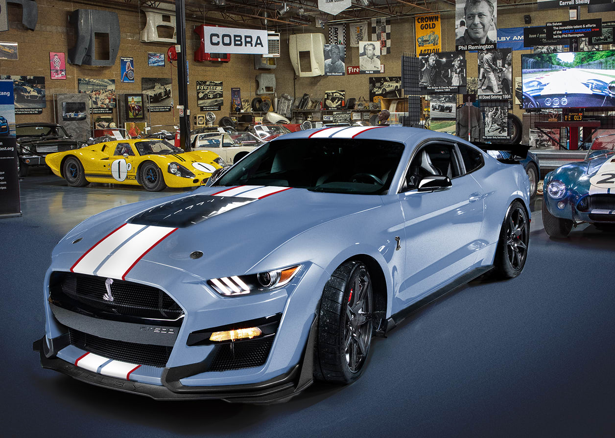 the front of the Shelby GT500, blue with white stripes.