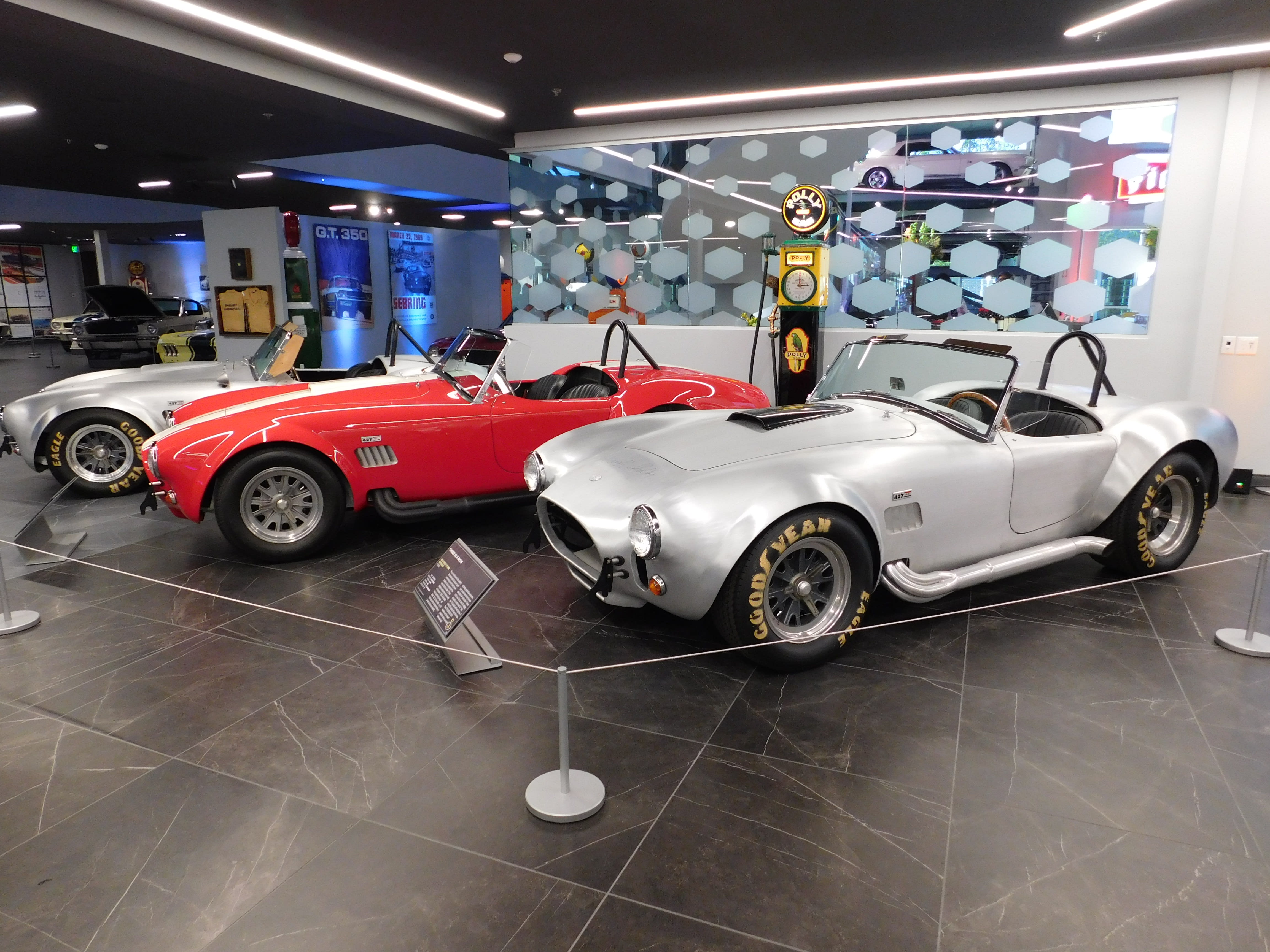 row of three Shelby Mustangs lined up at the Segerstrom Event Center in Orange County.
