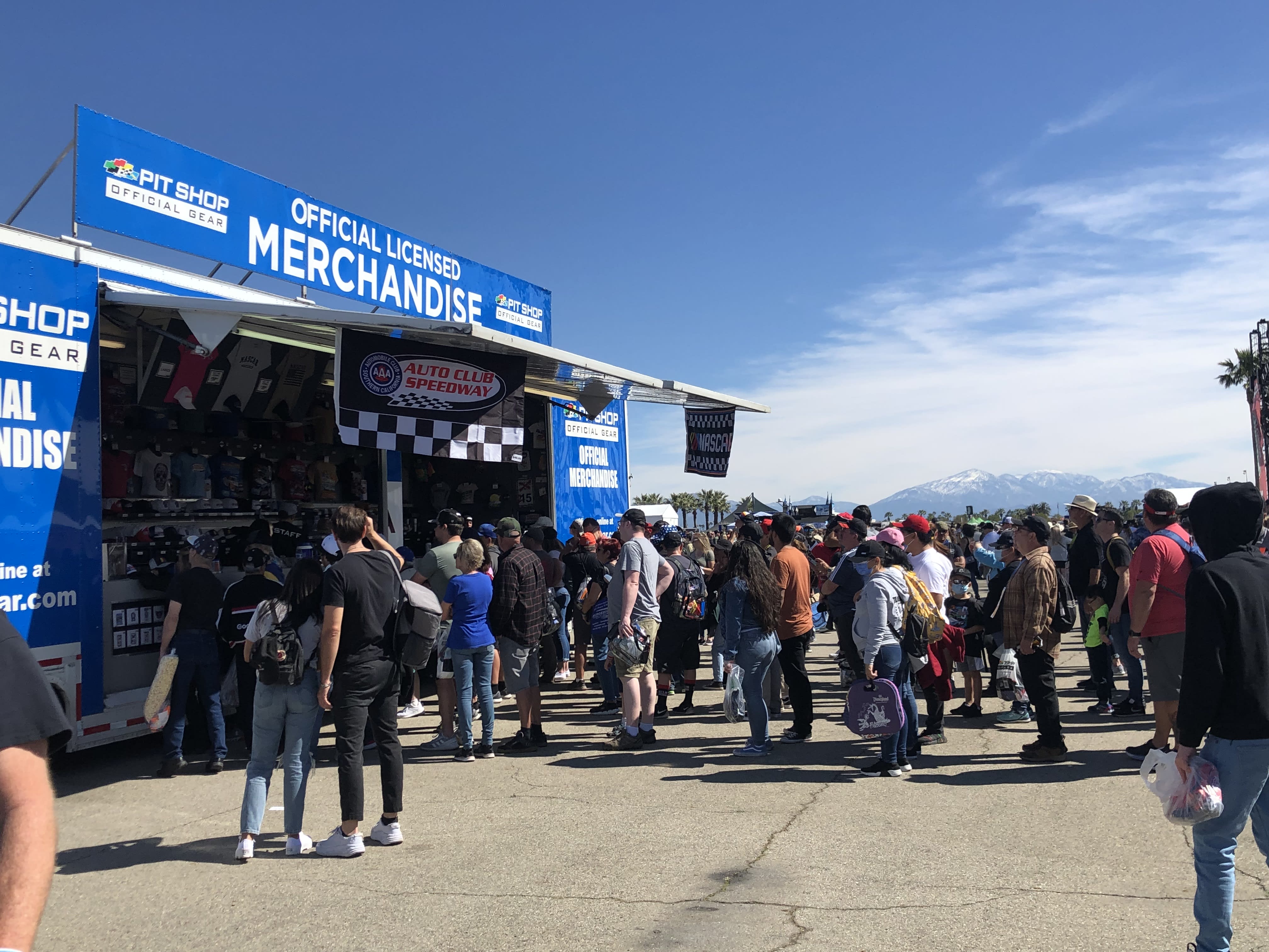 shoppers lined up for NASCAR merchandise at the NASCAR Cup in Fontana