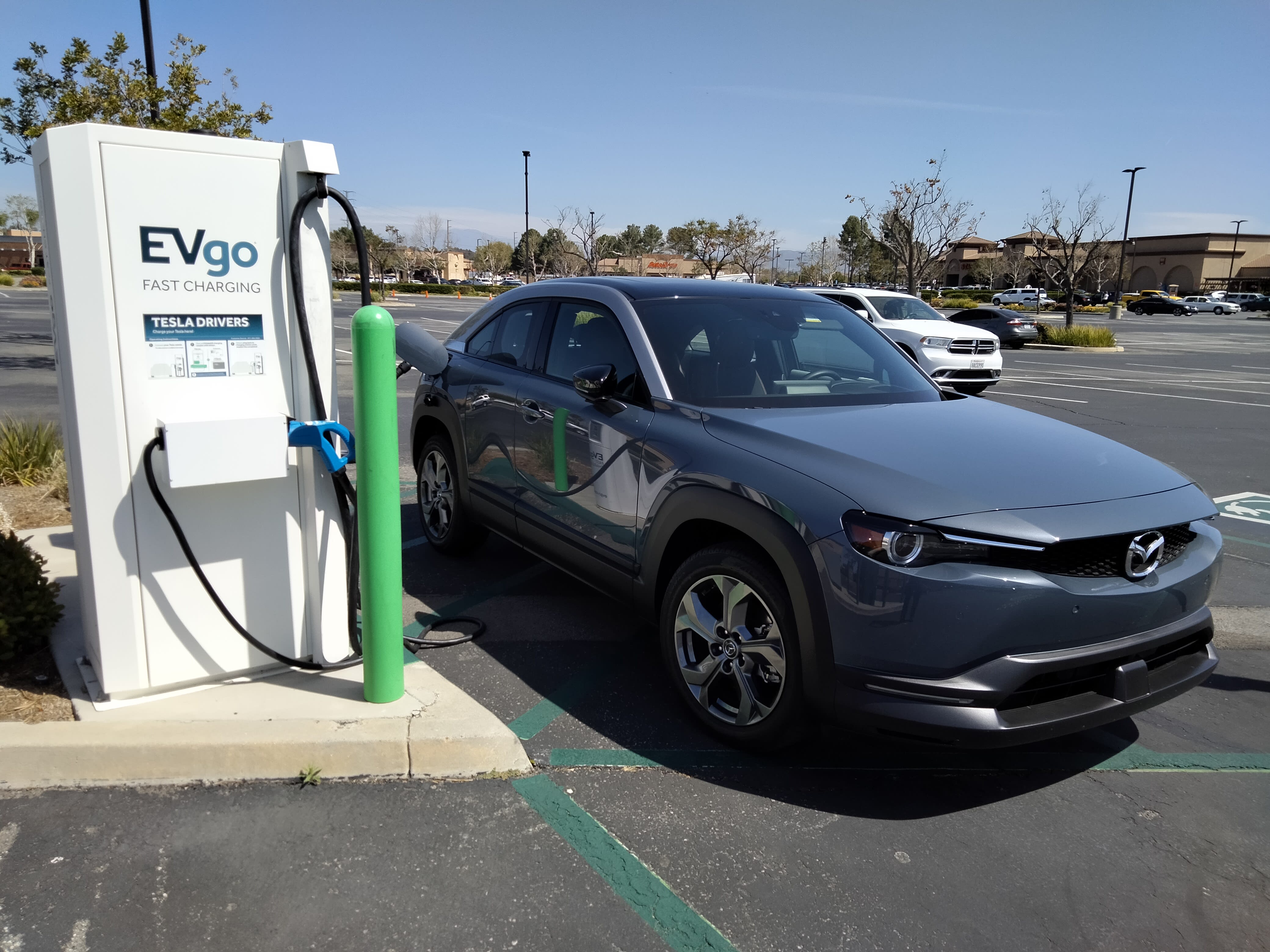 The 2022 Mazda MX-30 plugged in at the charging station in Pasadena.