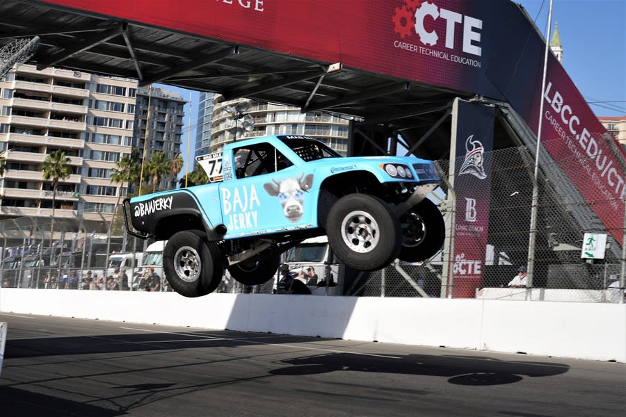 13 year-old Max Gordon flying over the line at the Super Stadium Truck race
