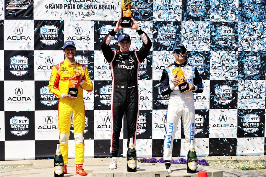 Newgarden, Grosjean, and Palou on the podium