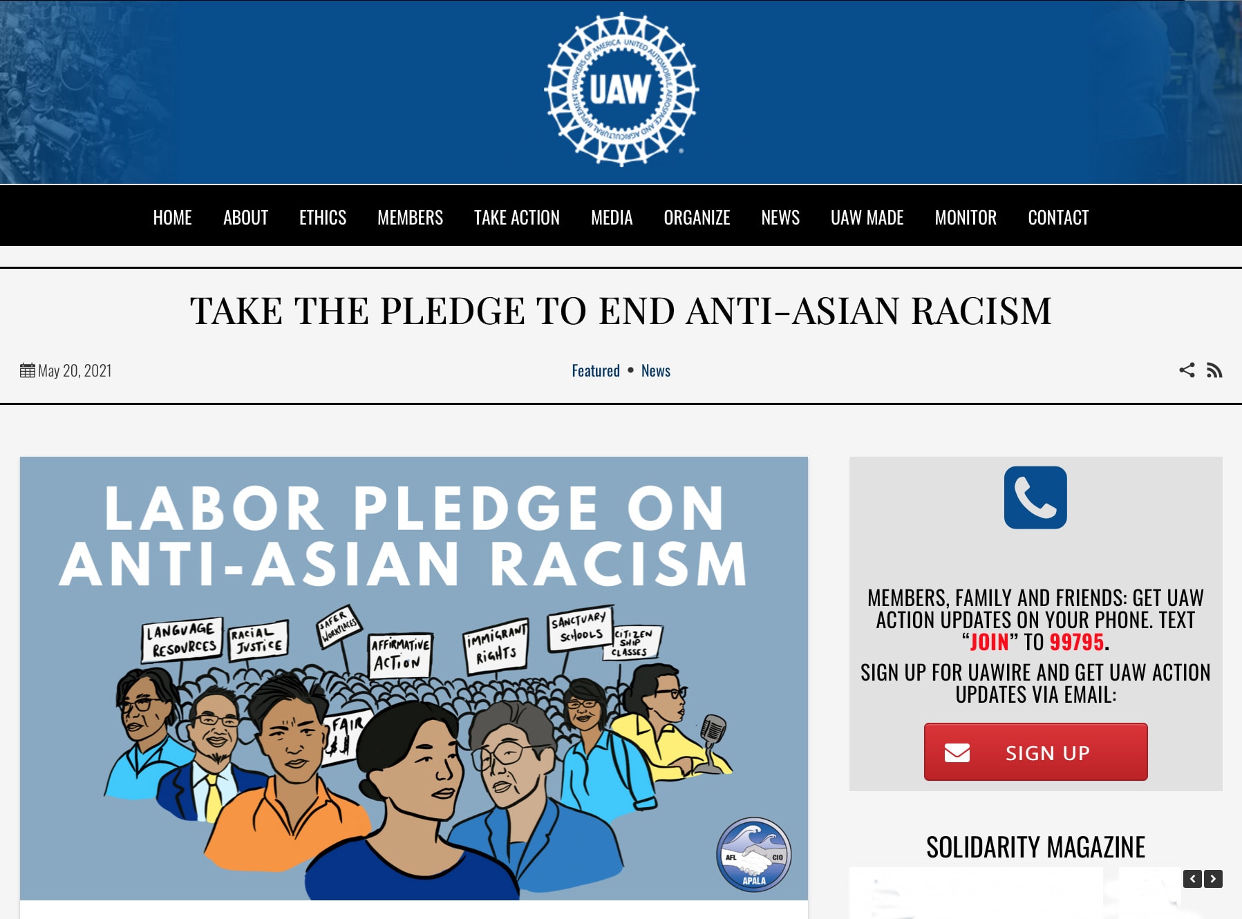 Screenshot from United Auto Workers website pledging to end anti-asian racism