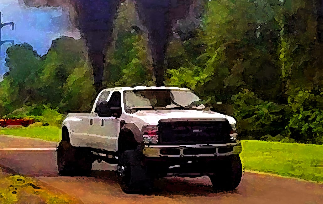 Water color rendering of Salvadore Arnone’s Wikimedia Commons photograph of a Ford F-450 rolling coal.