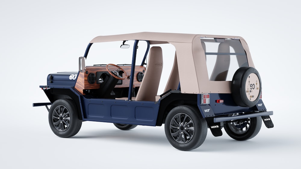 a product photo of a blue special edition MOKE America Bond Edition
