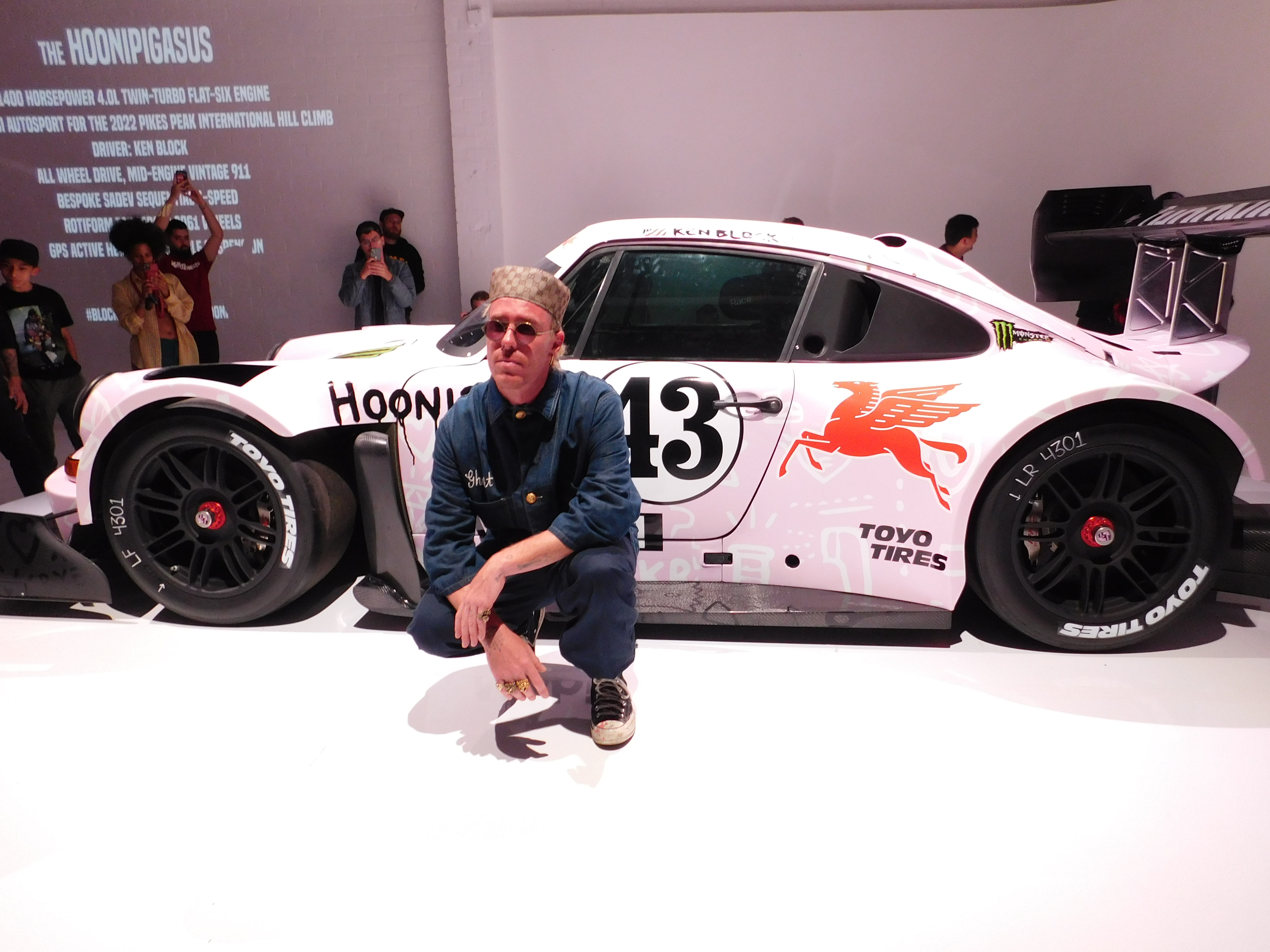 Trouble Andrew in front of the Hoonipigasus Porsche at the reveal in Los Angeles