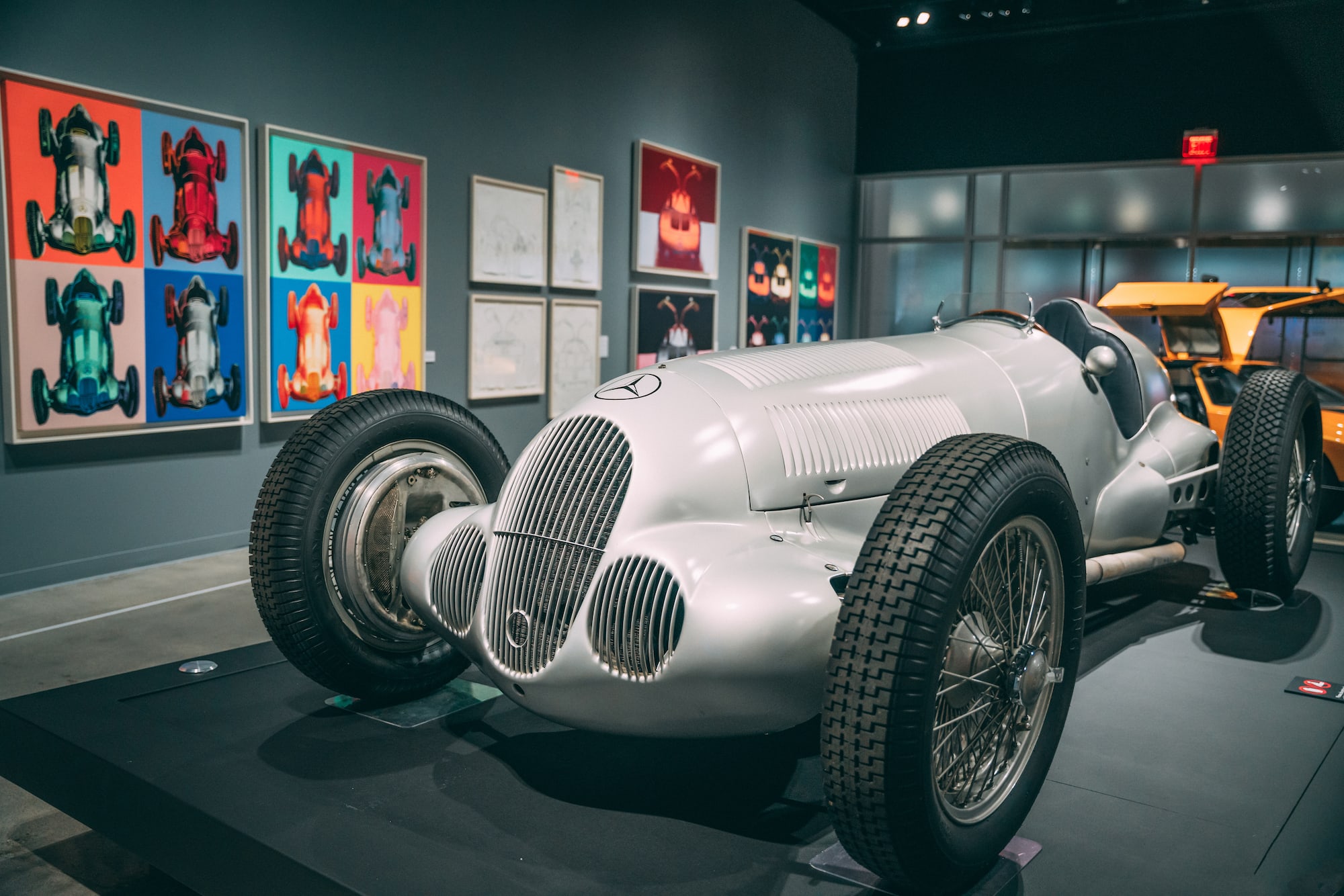 image of the 1937 Mercedes-Benz W 125 Grand Prix Car on display at the Andy Warhol exhibit at the Petersen Automotive Museum in Los Angeles