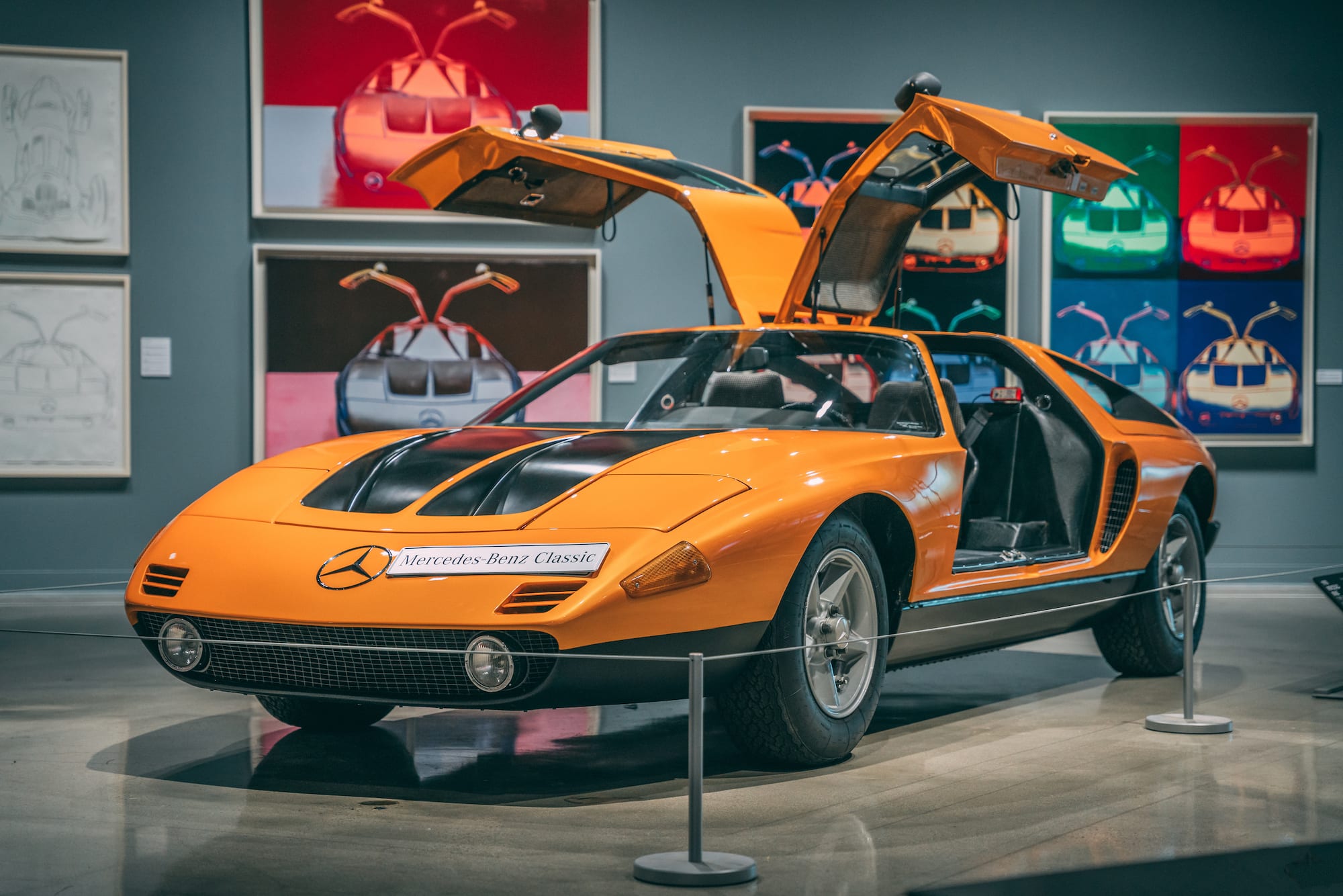 image of the 1970 Mercedes-Benz Type C 111-II Experimental Vehicle on display at the Andy Warhol exhibit at the Petersen