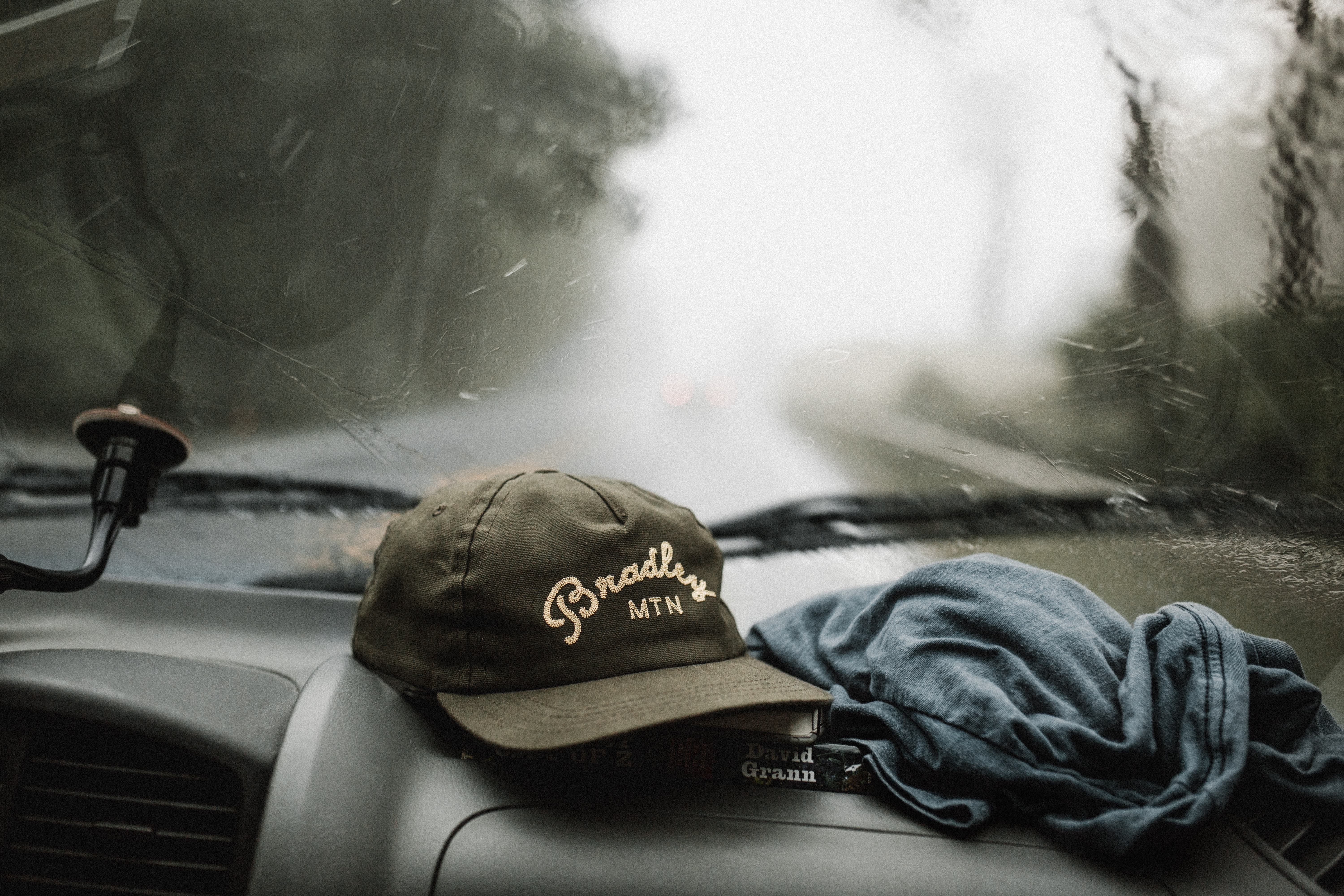 looking through the windshield while driving in the rain.