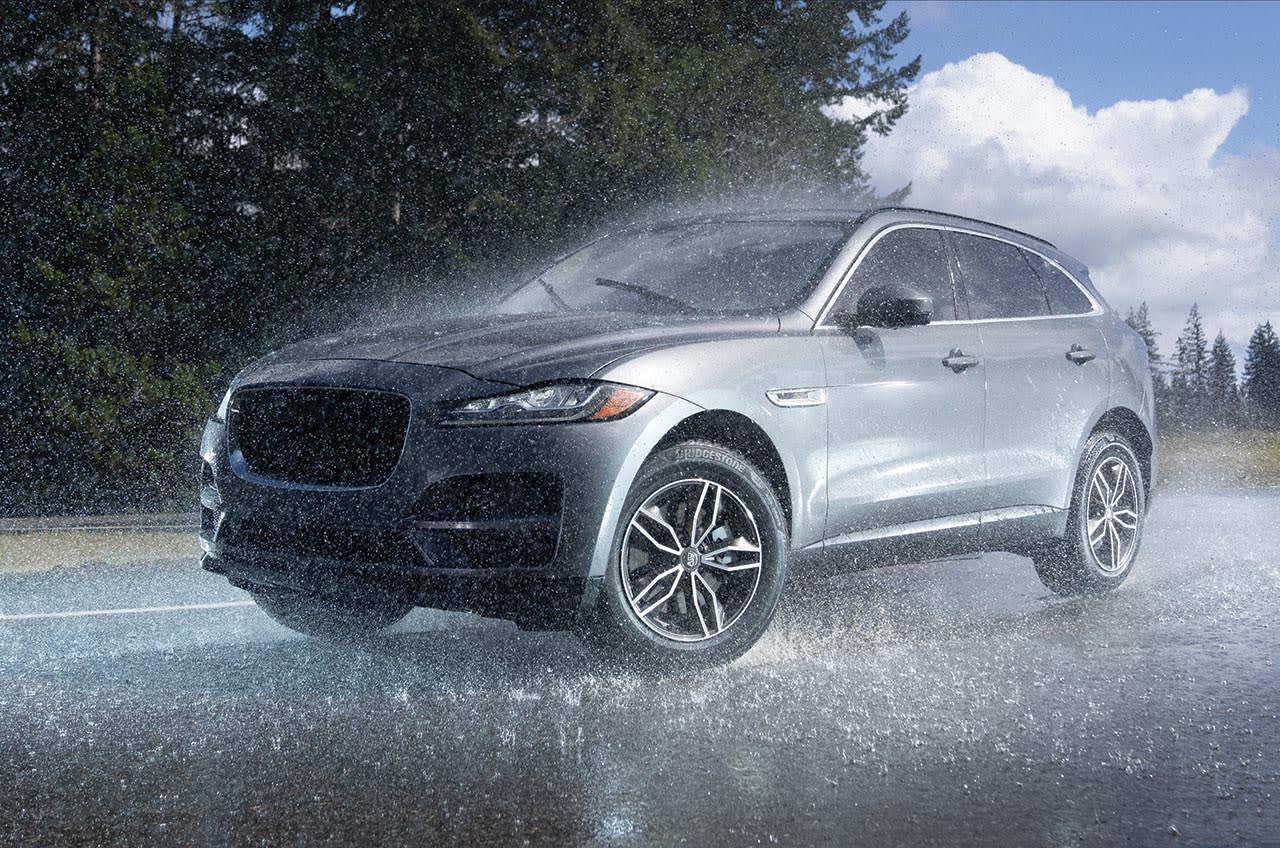 the Bridgestone WeatherPeak tires fitted on a Jaguar sports SUV