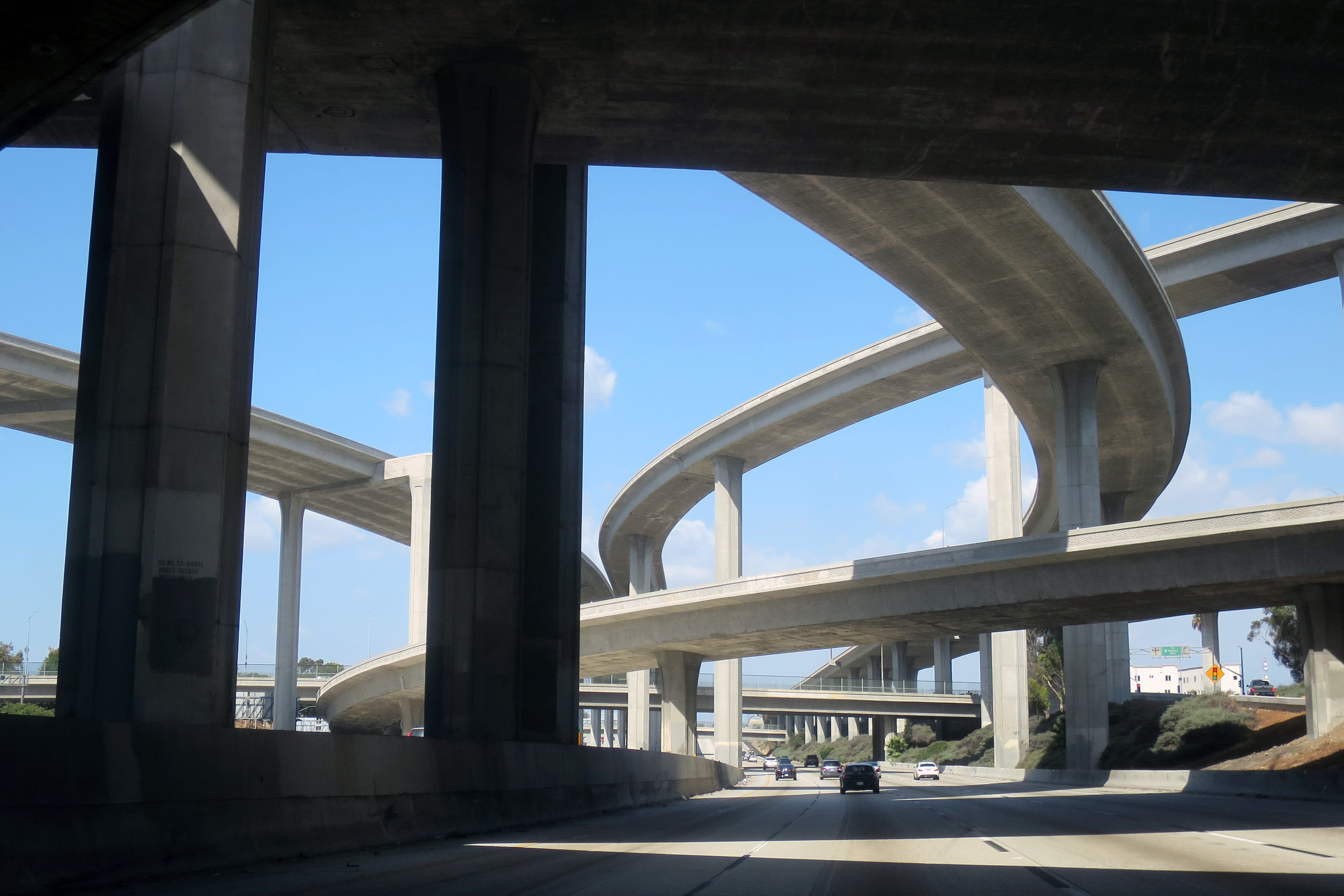 freeway overpasses seen from below, in Los Angeles