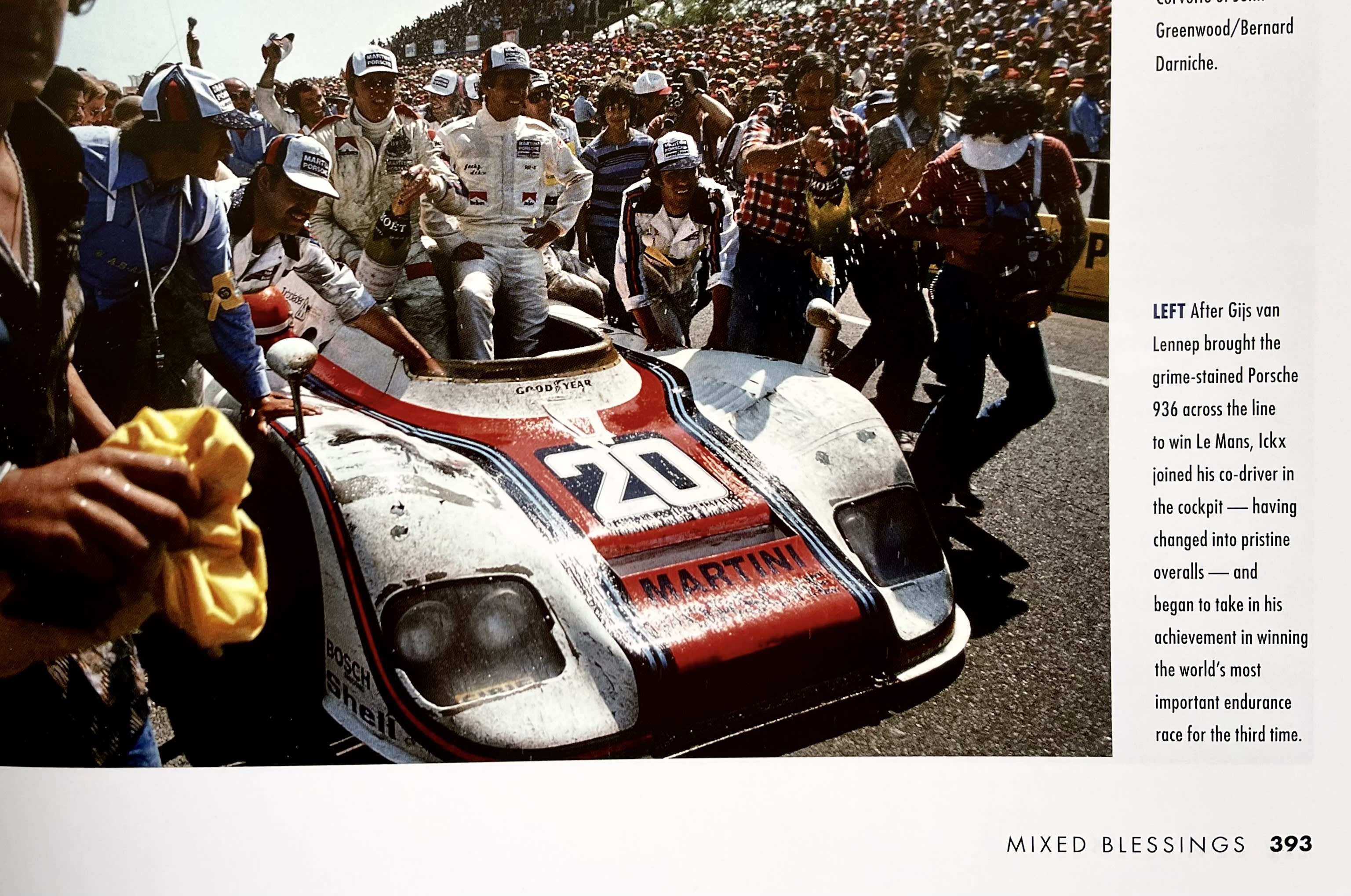 Image from the book, with Jacky Ickx joining his team in celebration after winning the 24 Hour Le Mans.