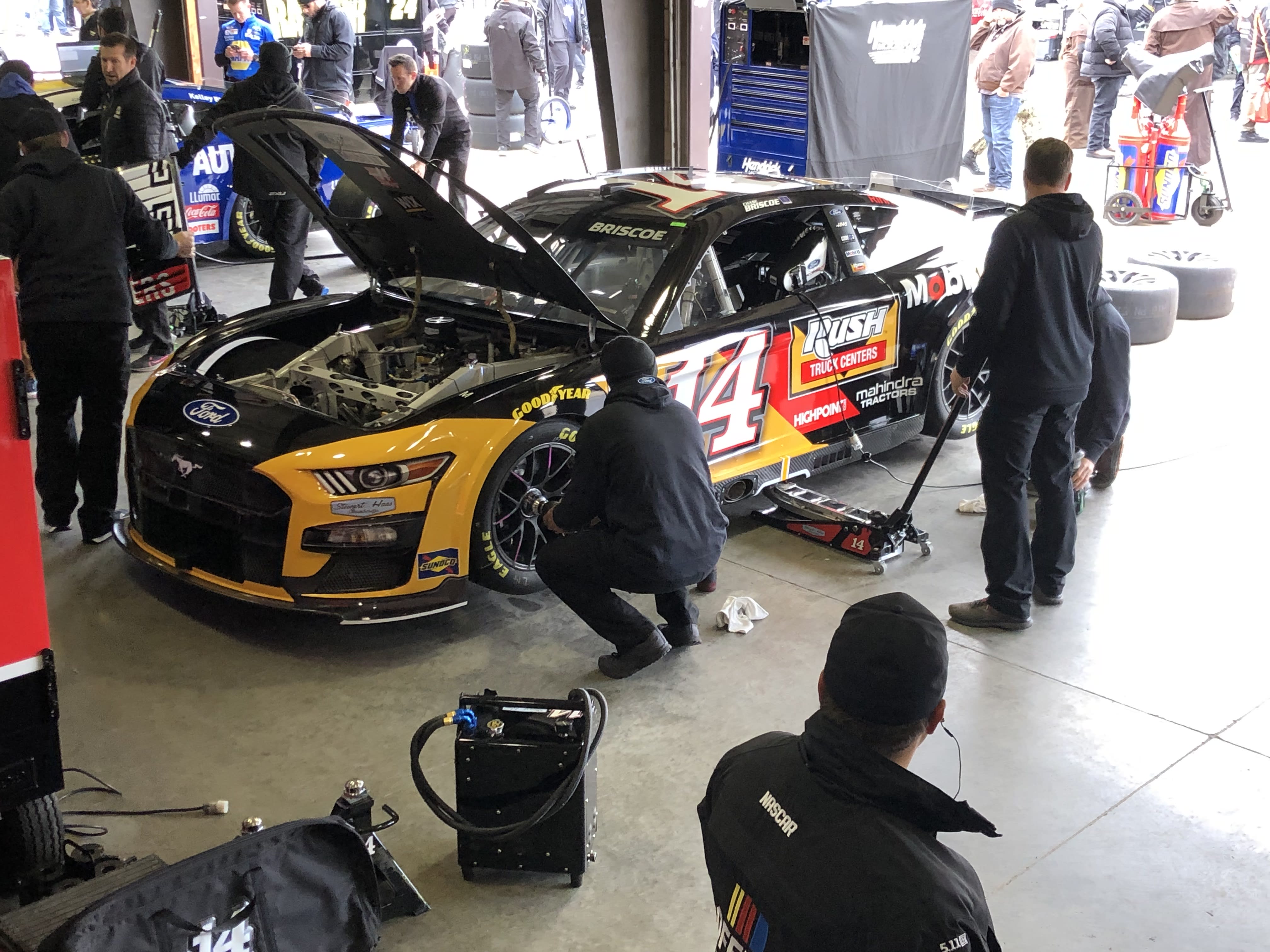 interior image of a garage at the NASCAR races at Auto Club Speedway Fontana