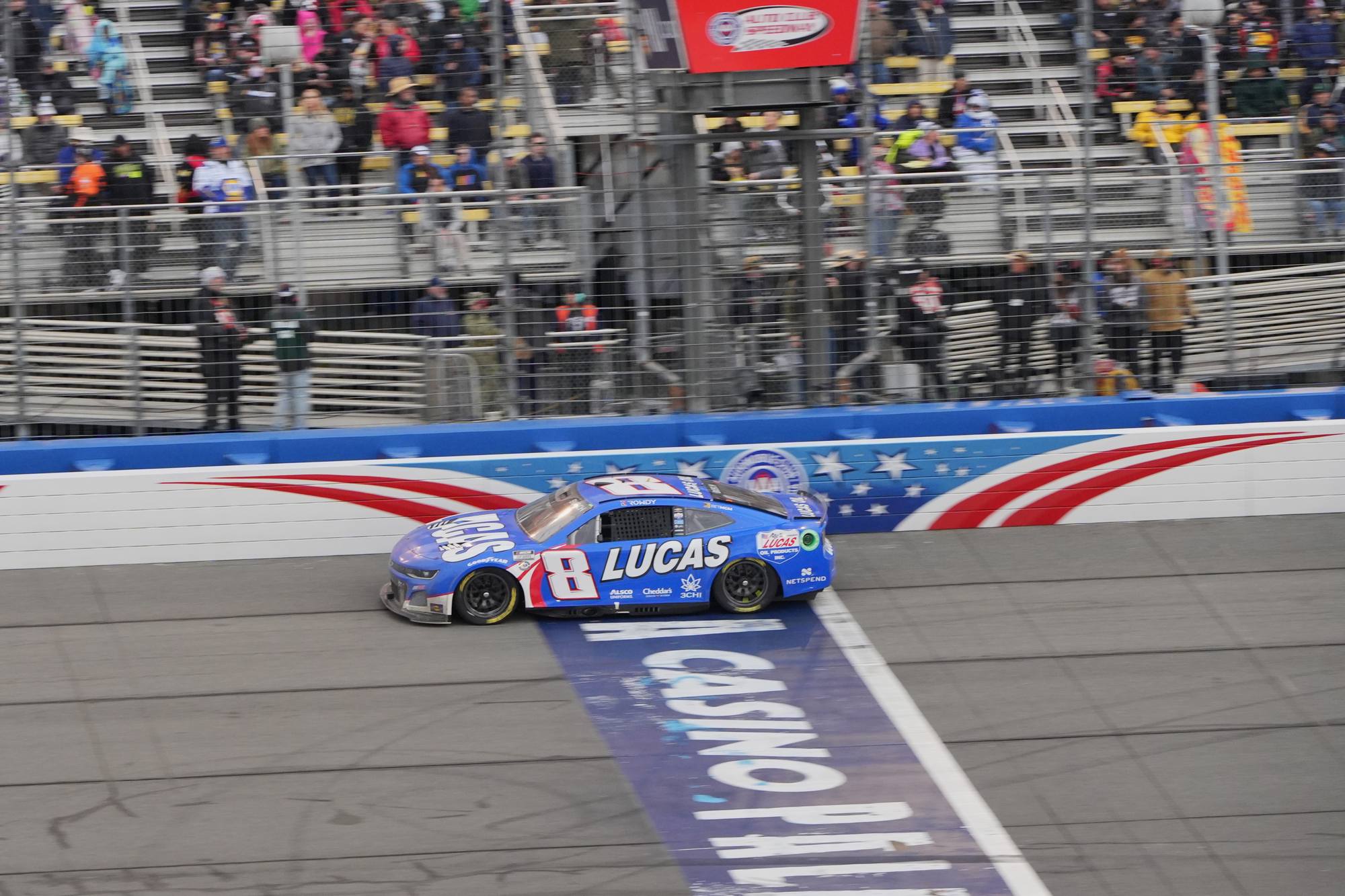Busch crossing the finish line at the last NASCAR Cup race at the Auto Club Speedway in Fontana