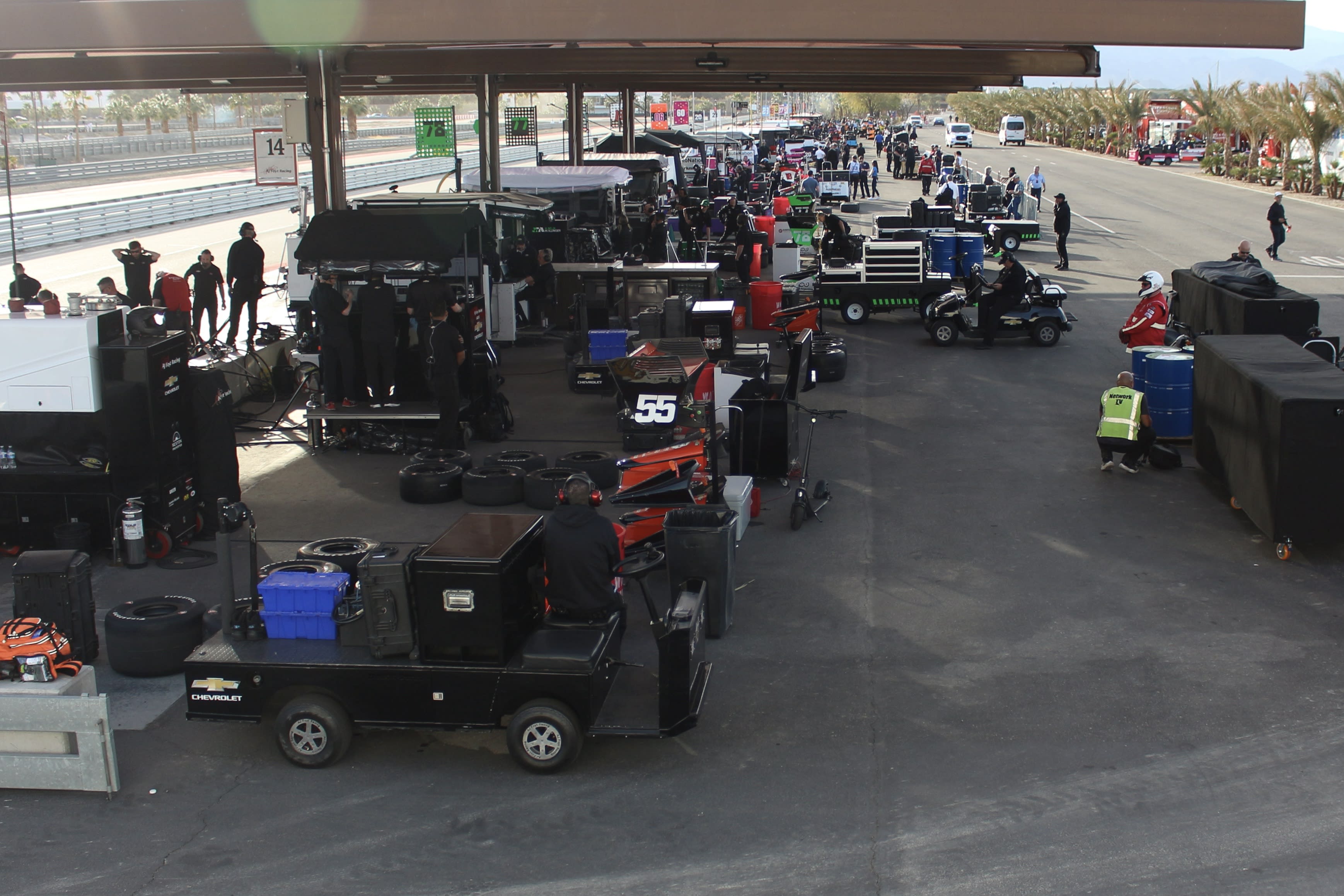 the pit stop area during the IndyCar testing at The Thermal Club