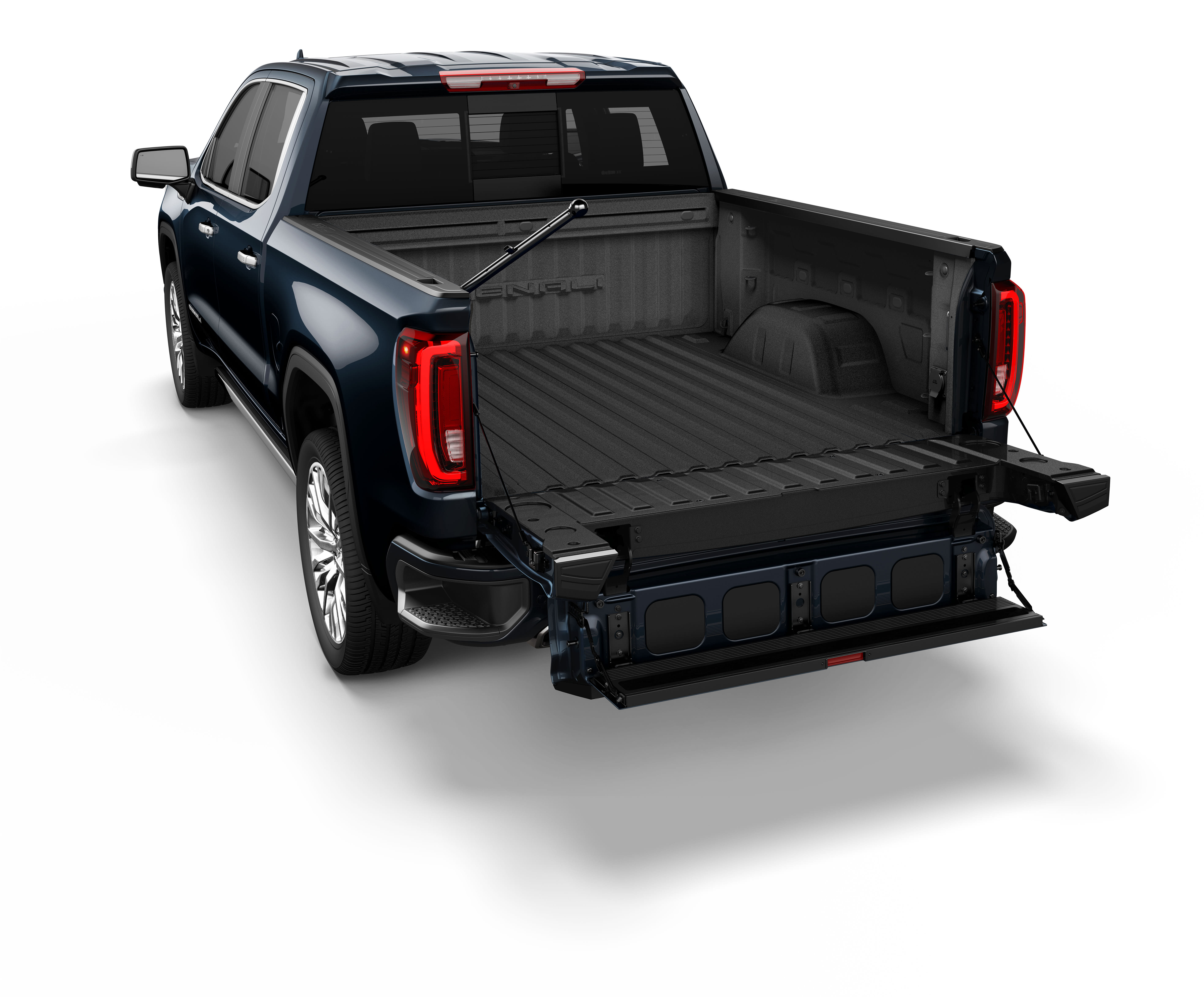 image of a fully opened tailgate on a GMC Sierra, showing the steps up on the Multipro Tailgate
