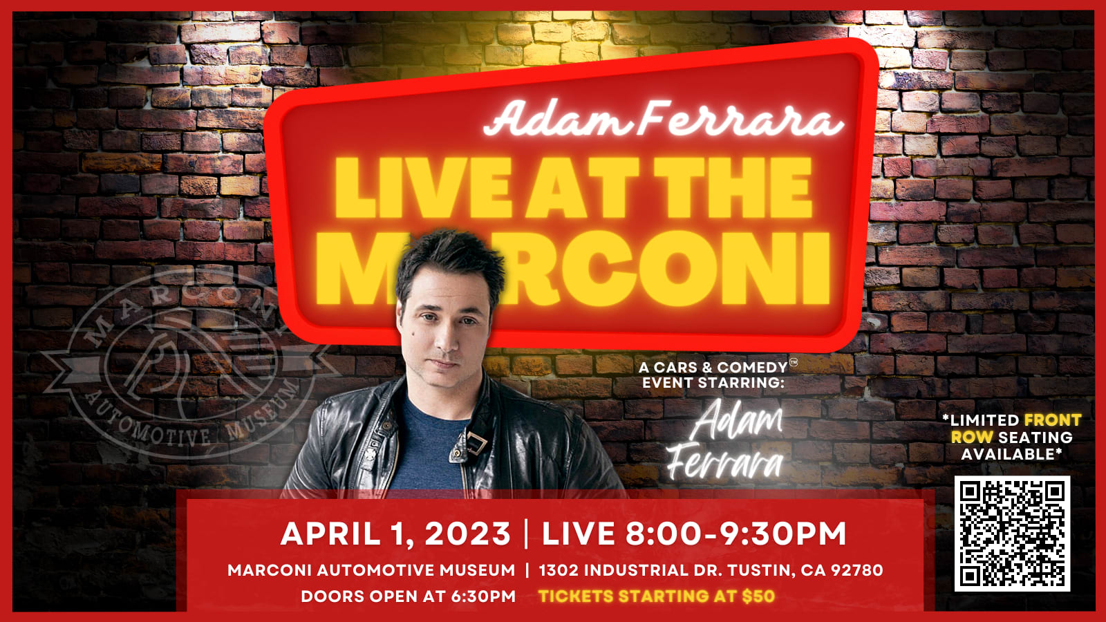 poster from Marconi Automotive with information on the Adam Ferrara event