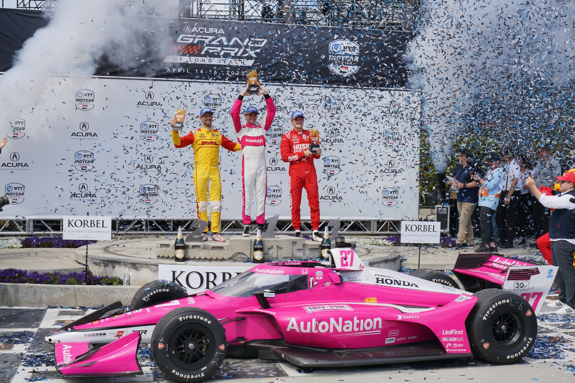 image of a celebrating winner of the IndyCar races in Long Beach