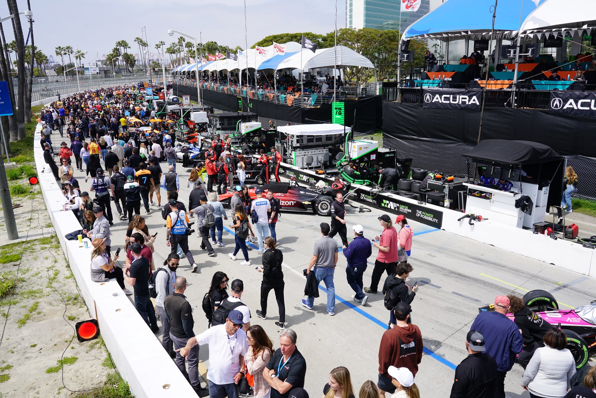 image of the crowds milling about around the race track of IndyCar in Long Beach