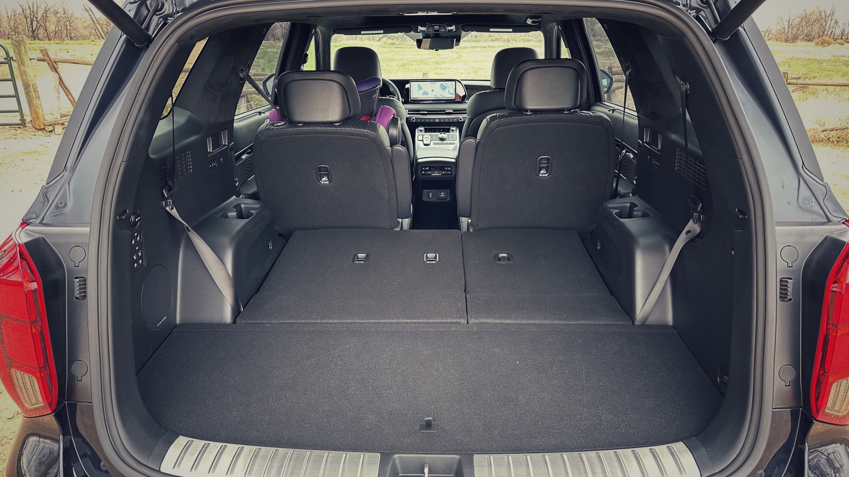 interior view of the 2023 Hyundai Palisade, seen from the rear with the third row folded down