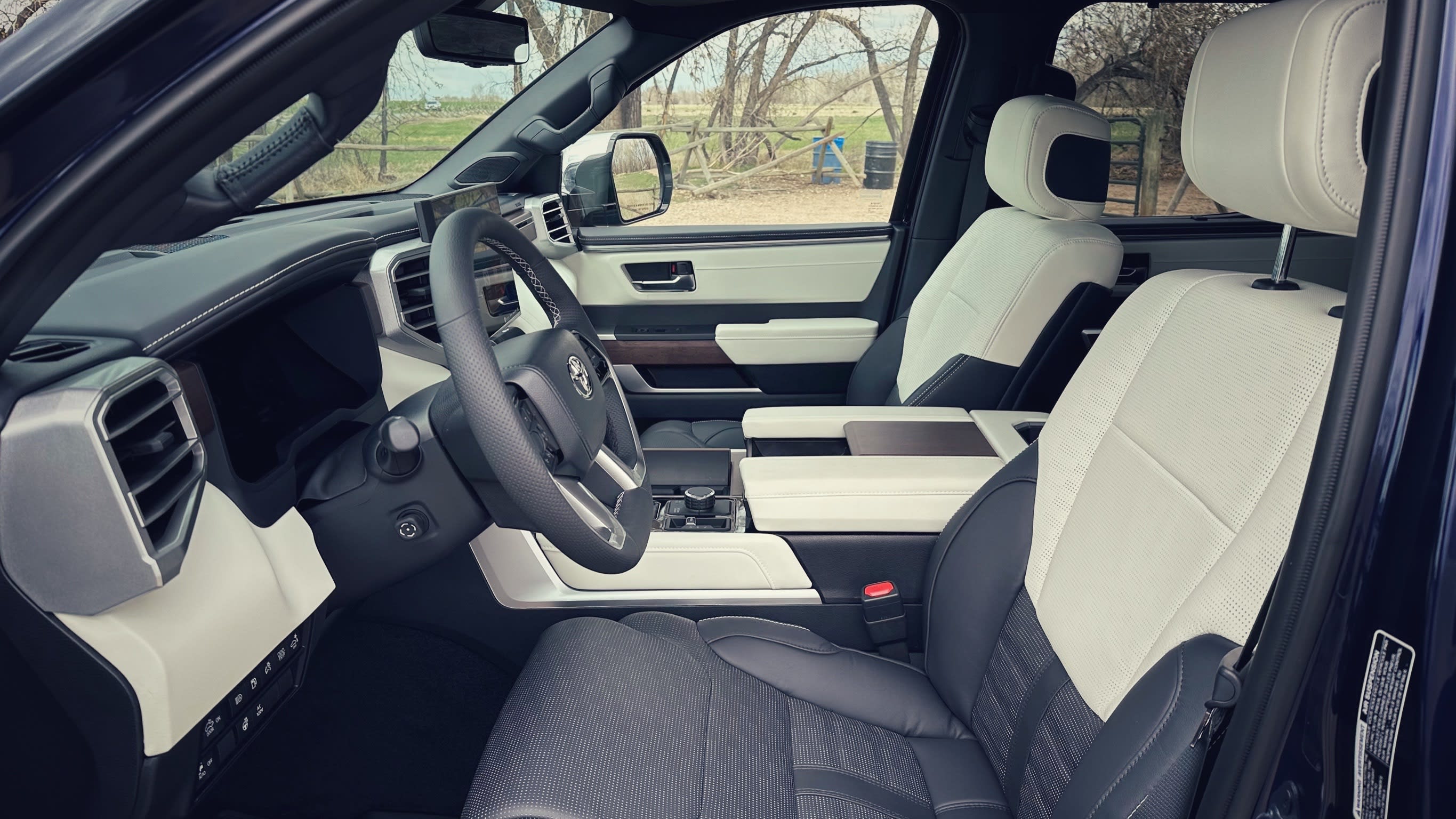 image of the interior of the 2023 Toyota Tundra Capstone, focused on the front row