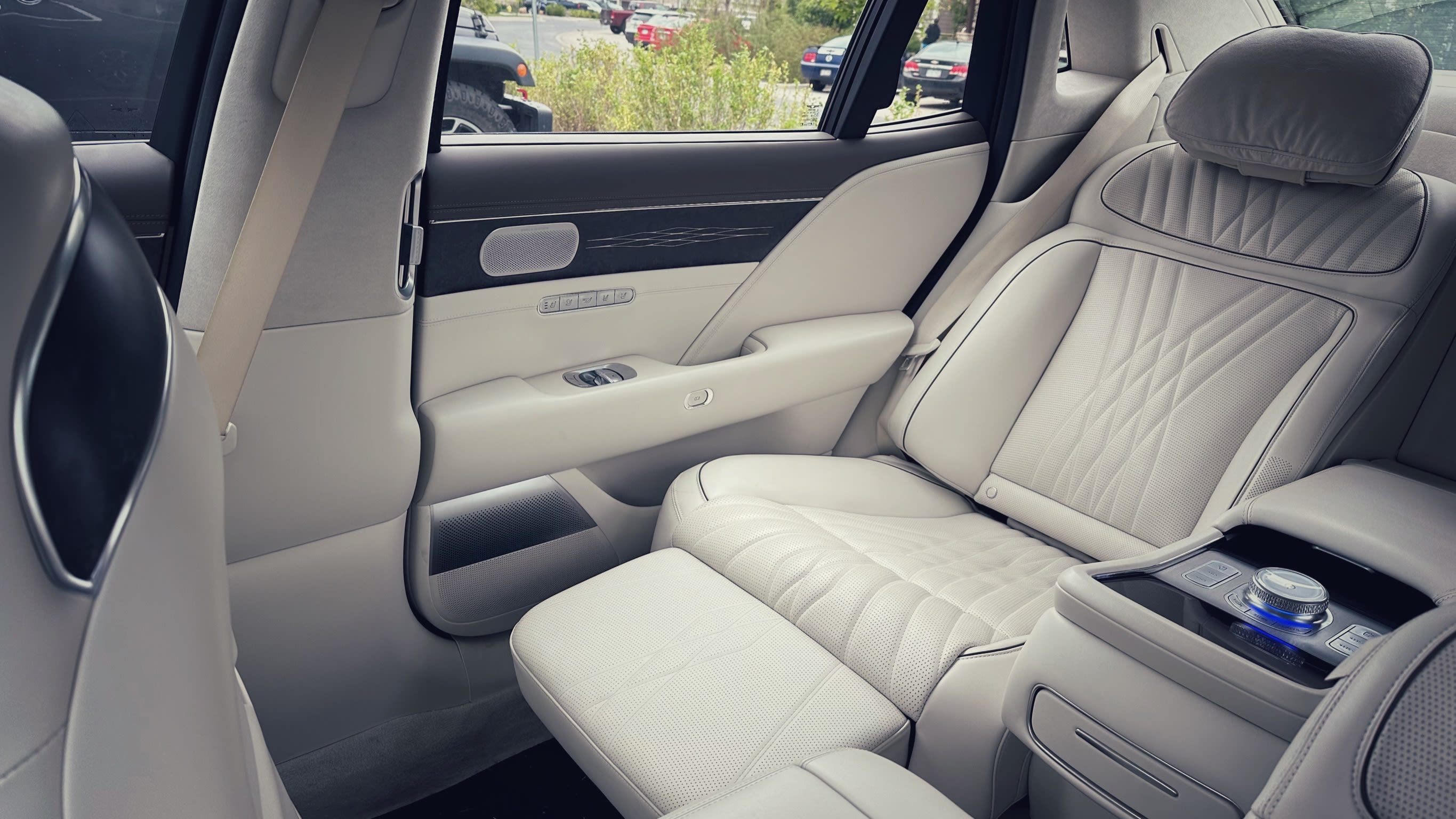 Interior of the Genesis G90, featuring the reclining rear seat
