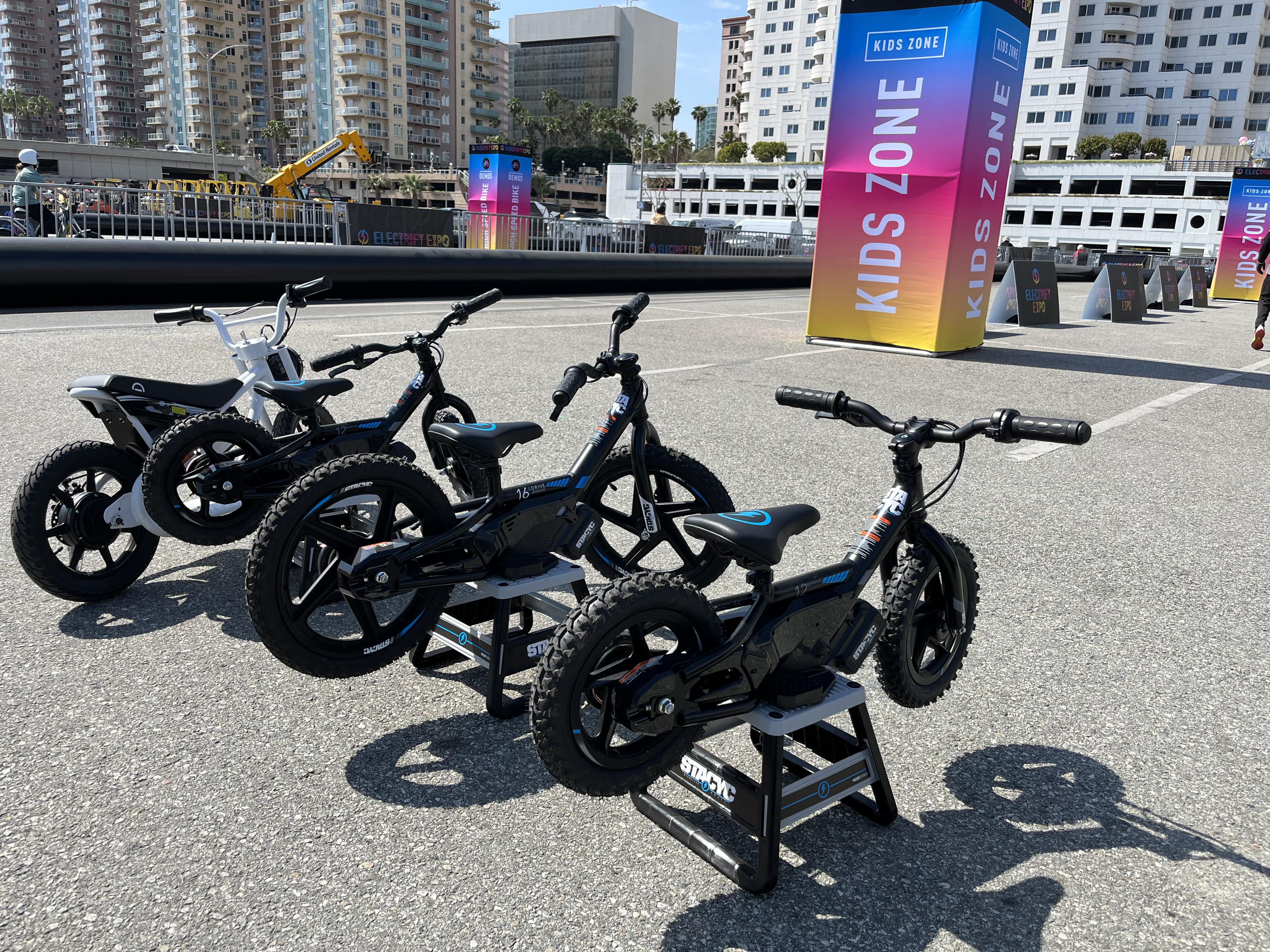 motorcycles lined up for testing at the Electrify Expo