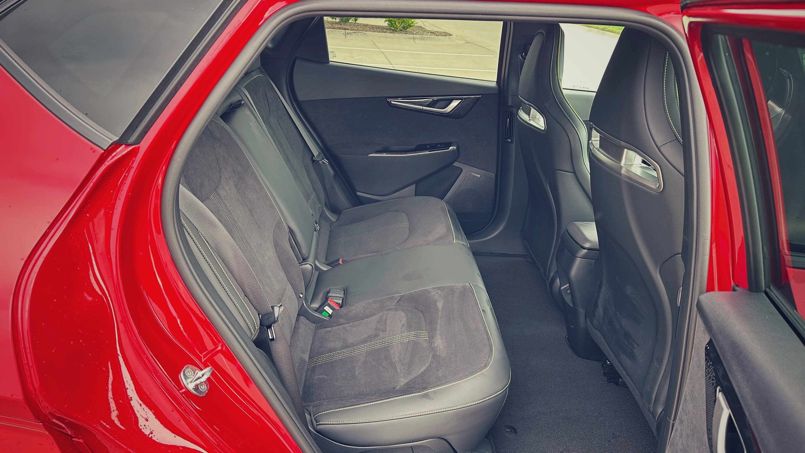 rear seat of a red 2023 Kia EV6 GT