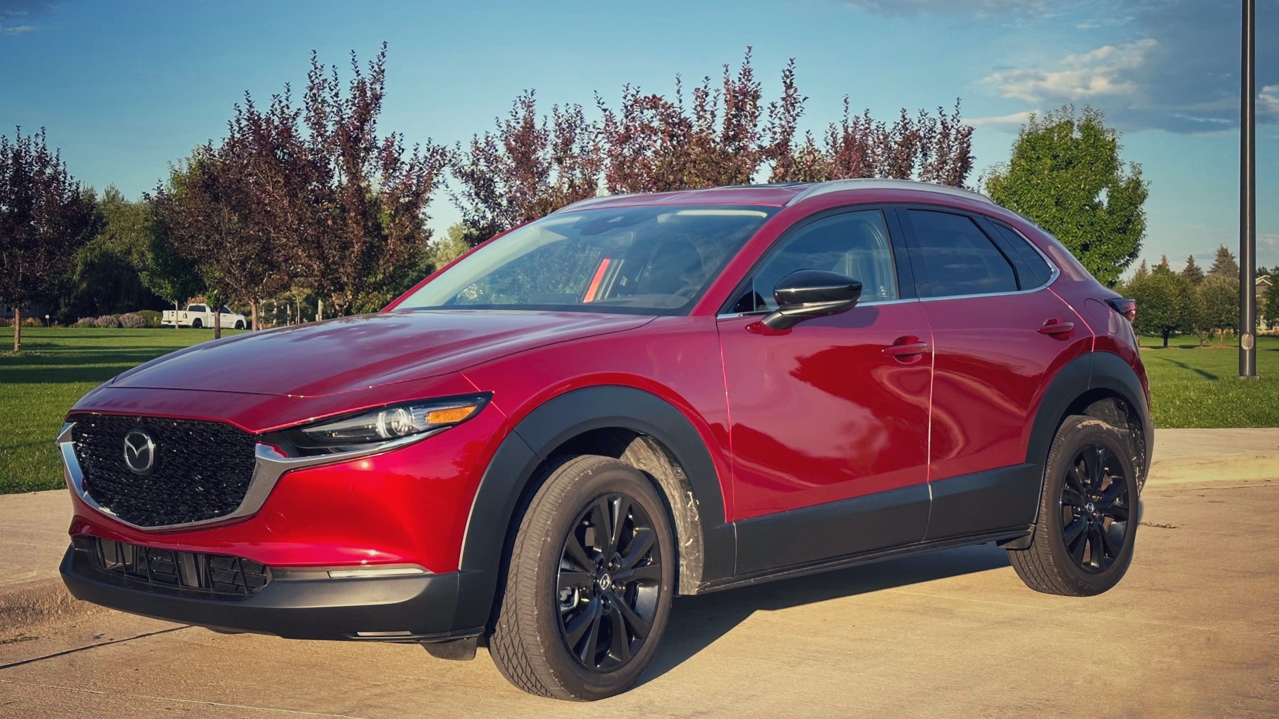 side and front of a red 2023 Mazda CX-30