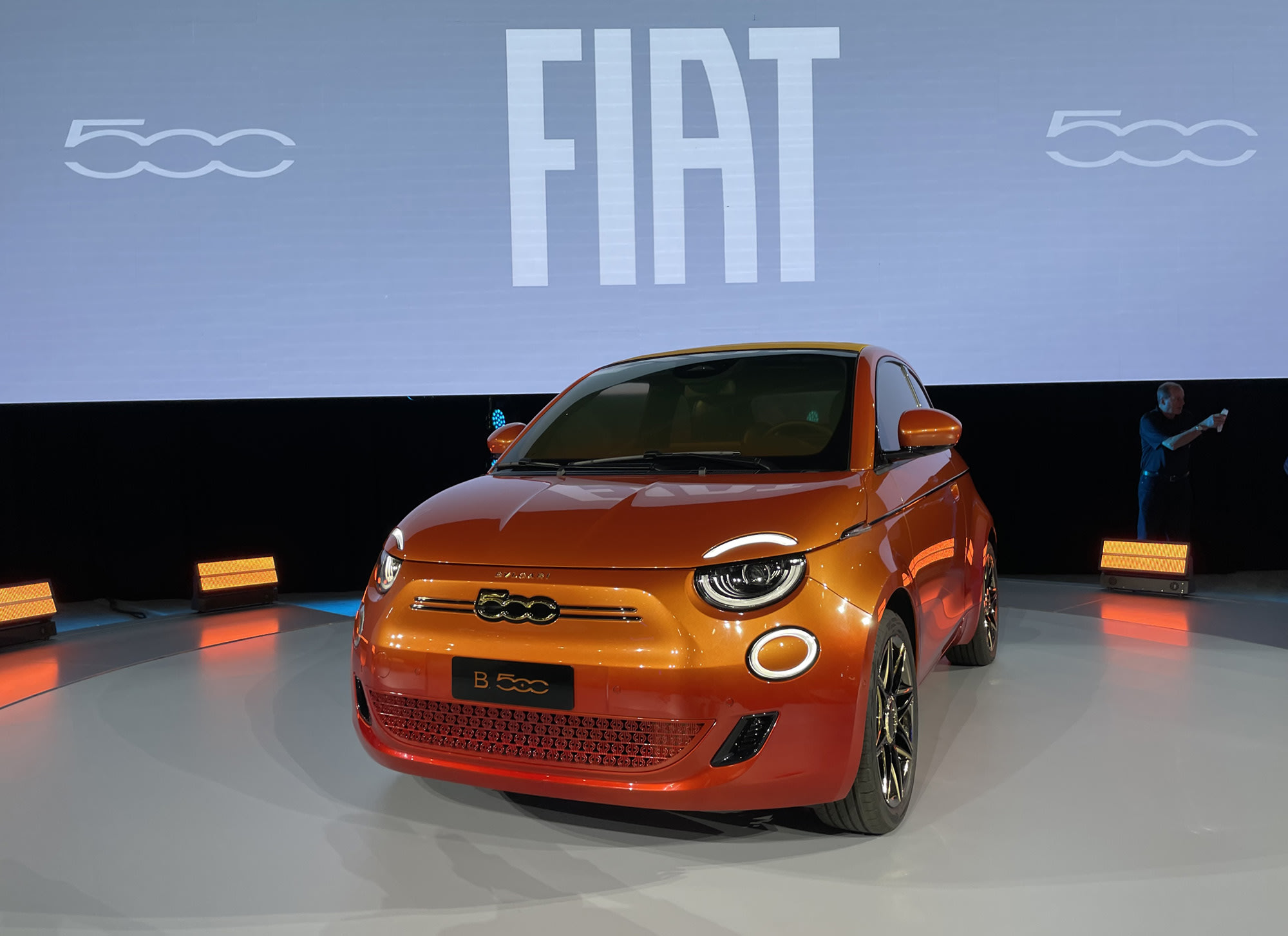 an orange FIAT 500 at the LA Auto Show