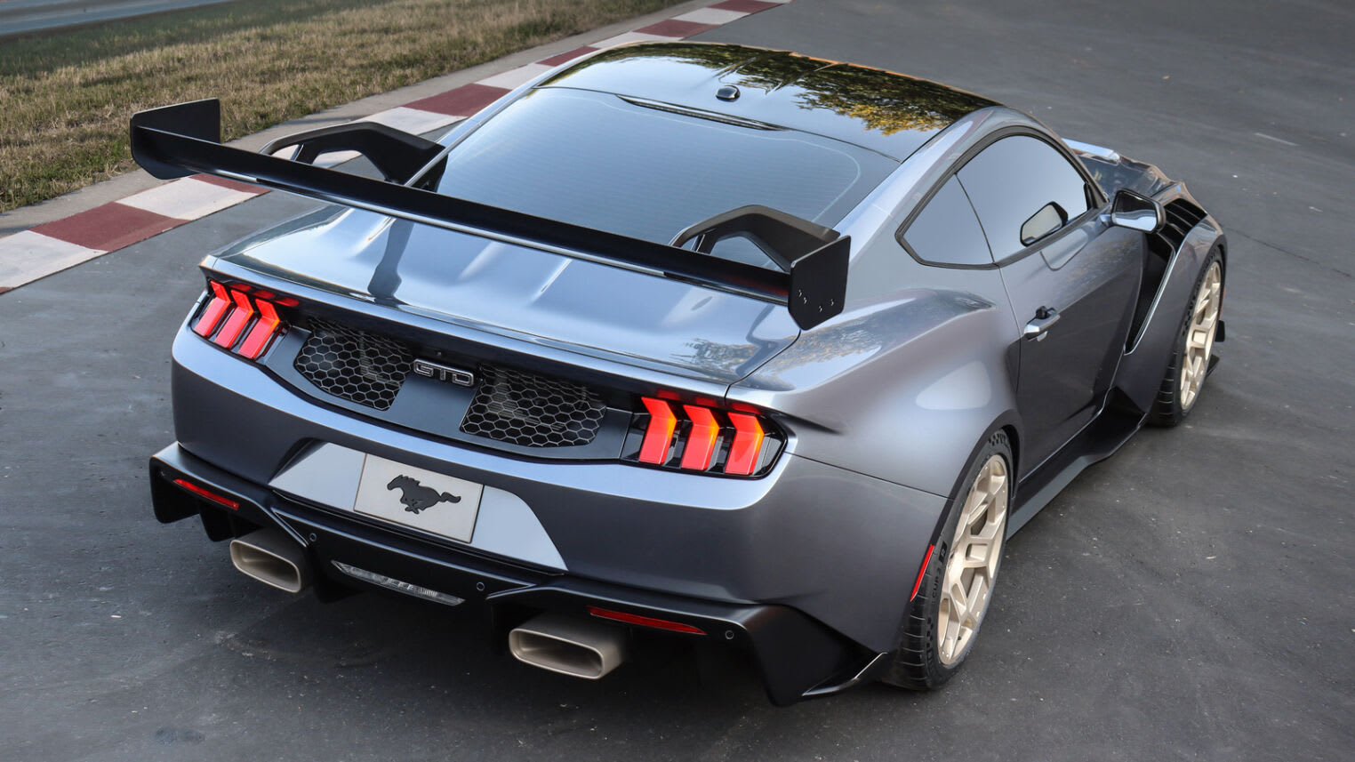 the Ford Mustang GTD seen from behind and above