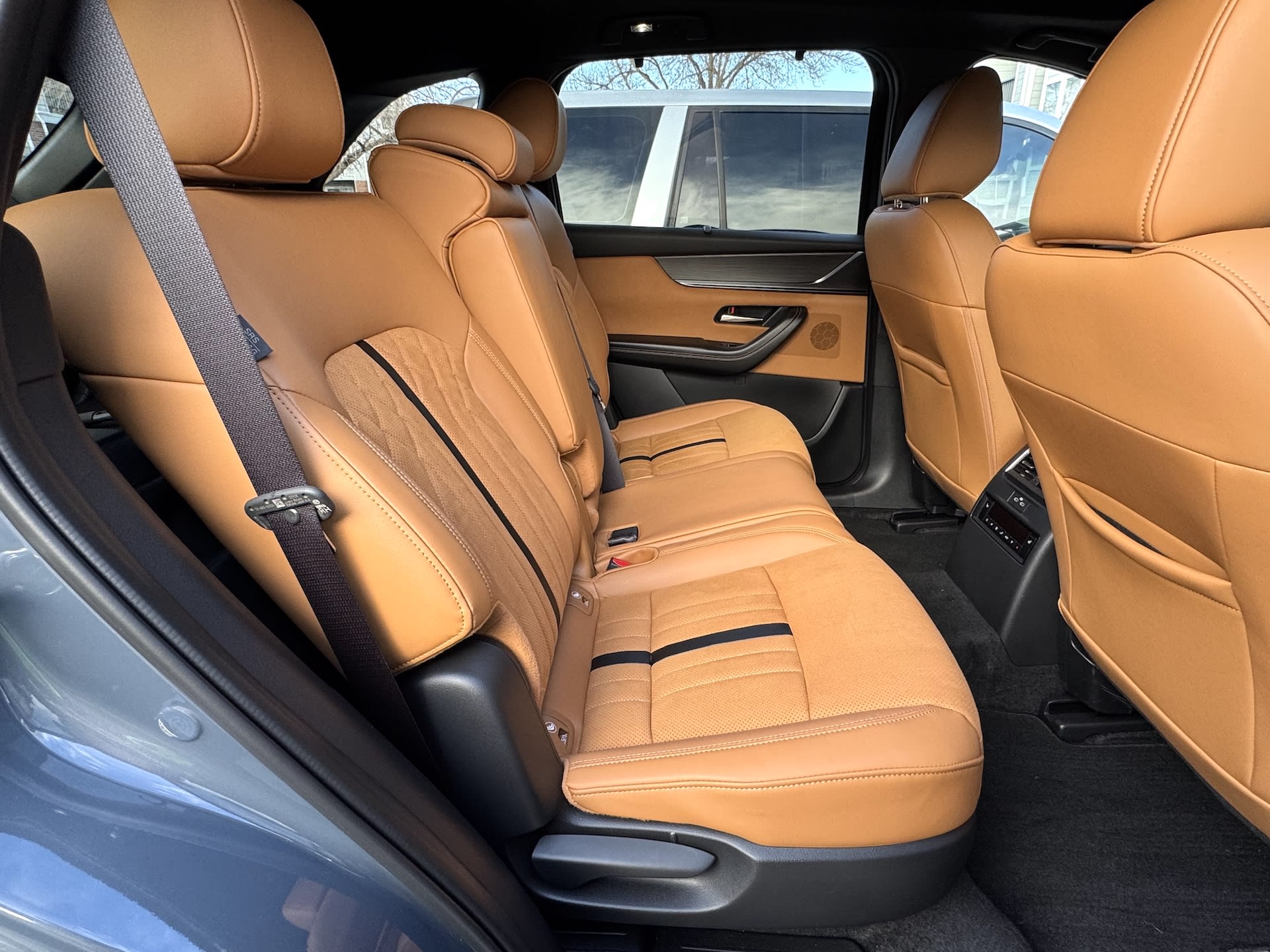 Rear seat of the 2025 Mazda CX-70 with brown leather