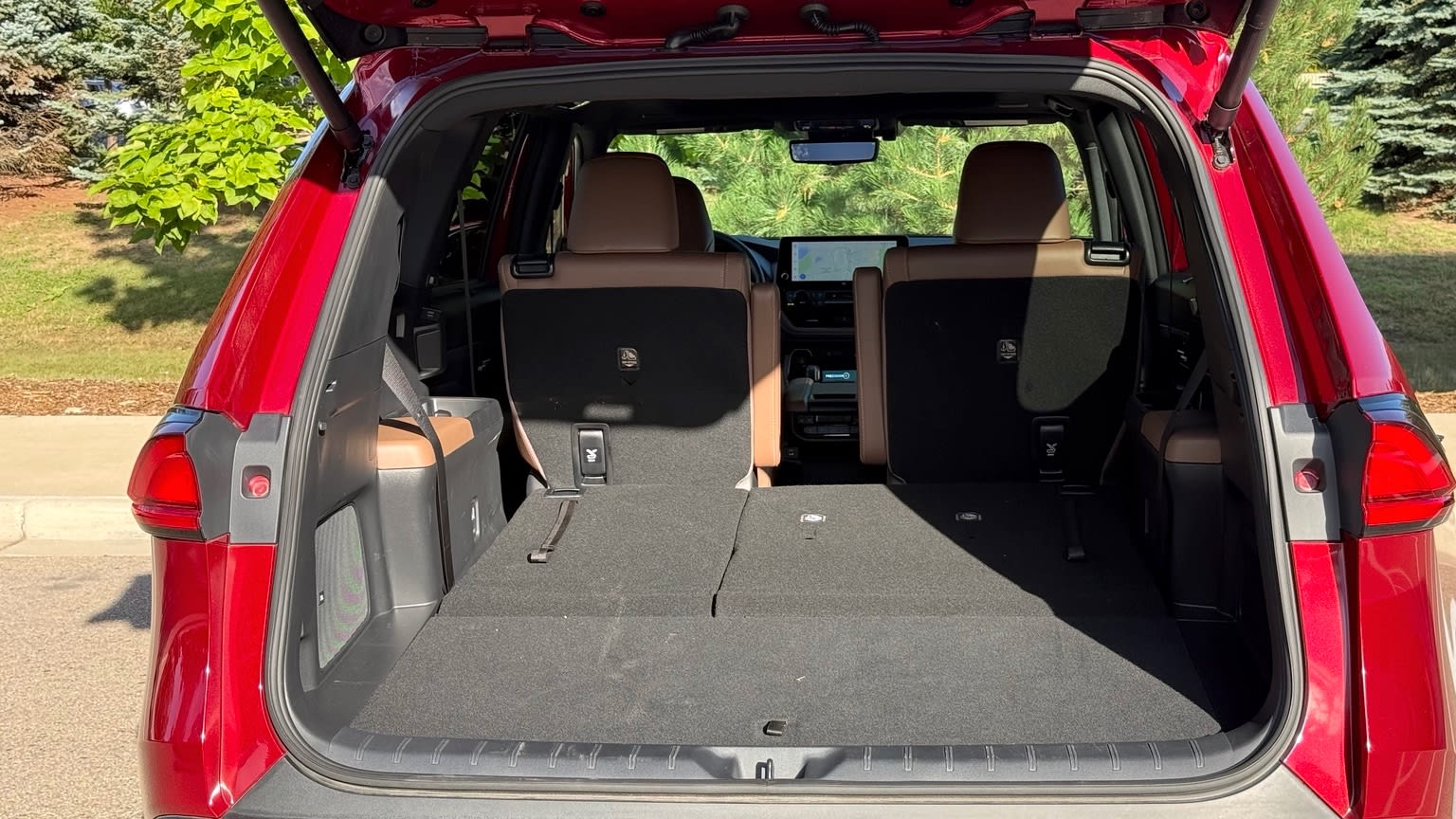 Cargo area of the 2026 Toyota Grand Highlander Hybrid MAX Platinum with the third-row seats folded down.