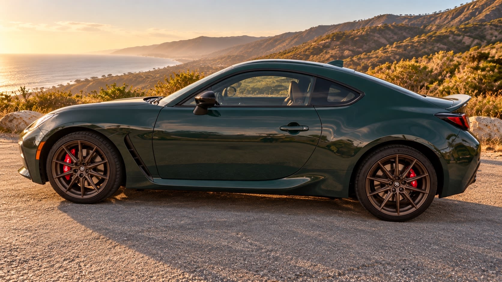 Digitally altered side-profile image of a green 2025 Toyota GR86 with bronze wheels against generated coastal hills and ocean scenery.