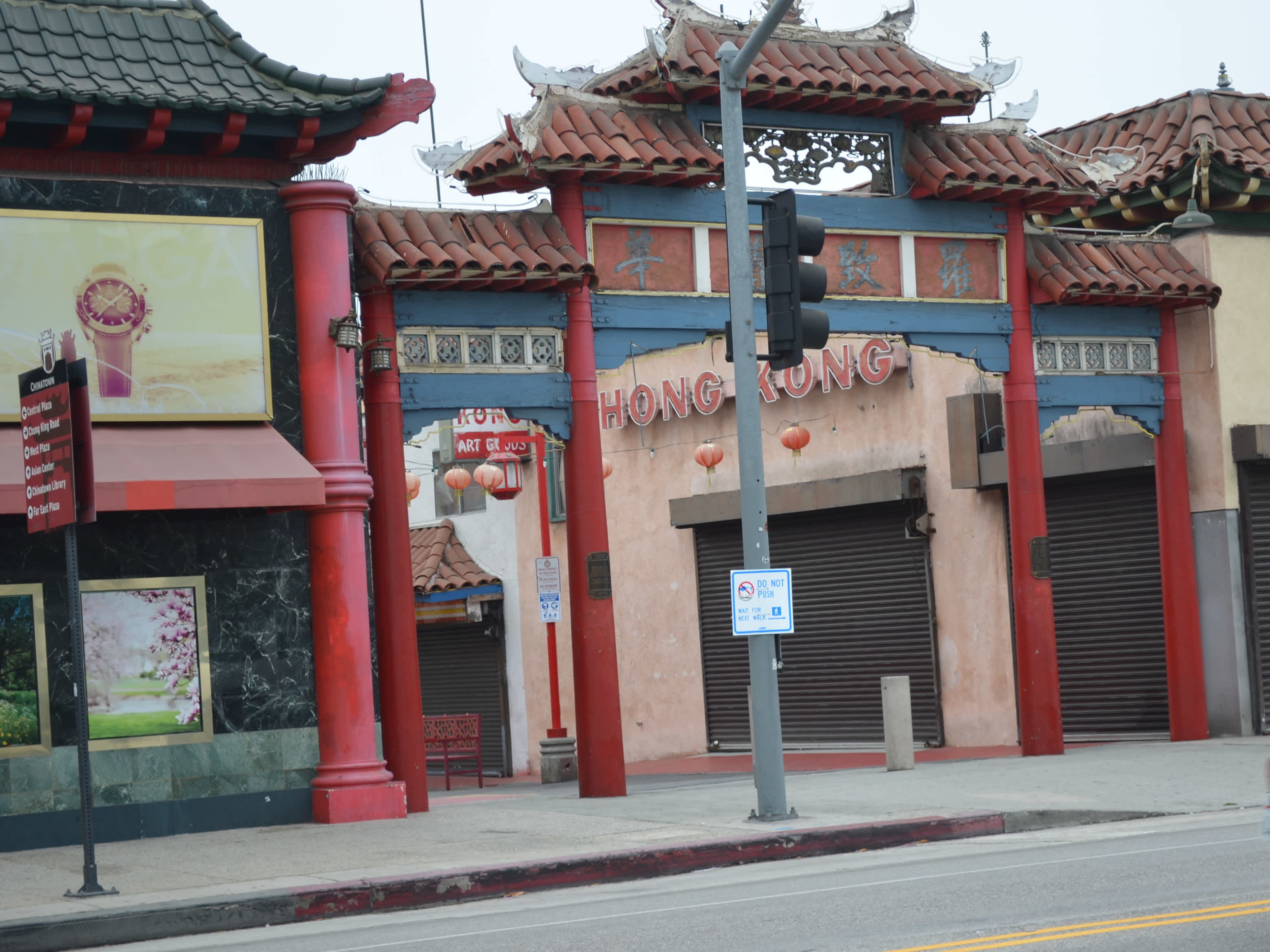 Front of very asian-looking buildings in Chinatown, Los Angeles