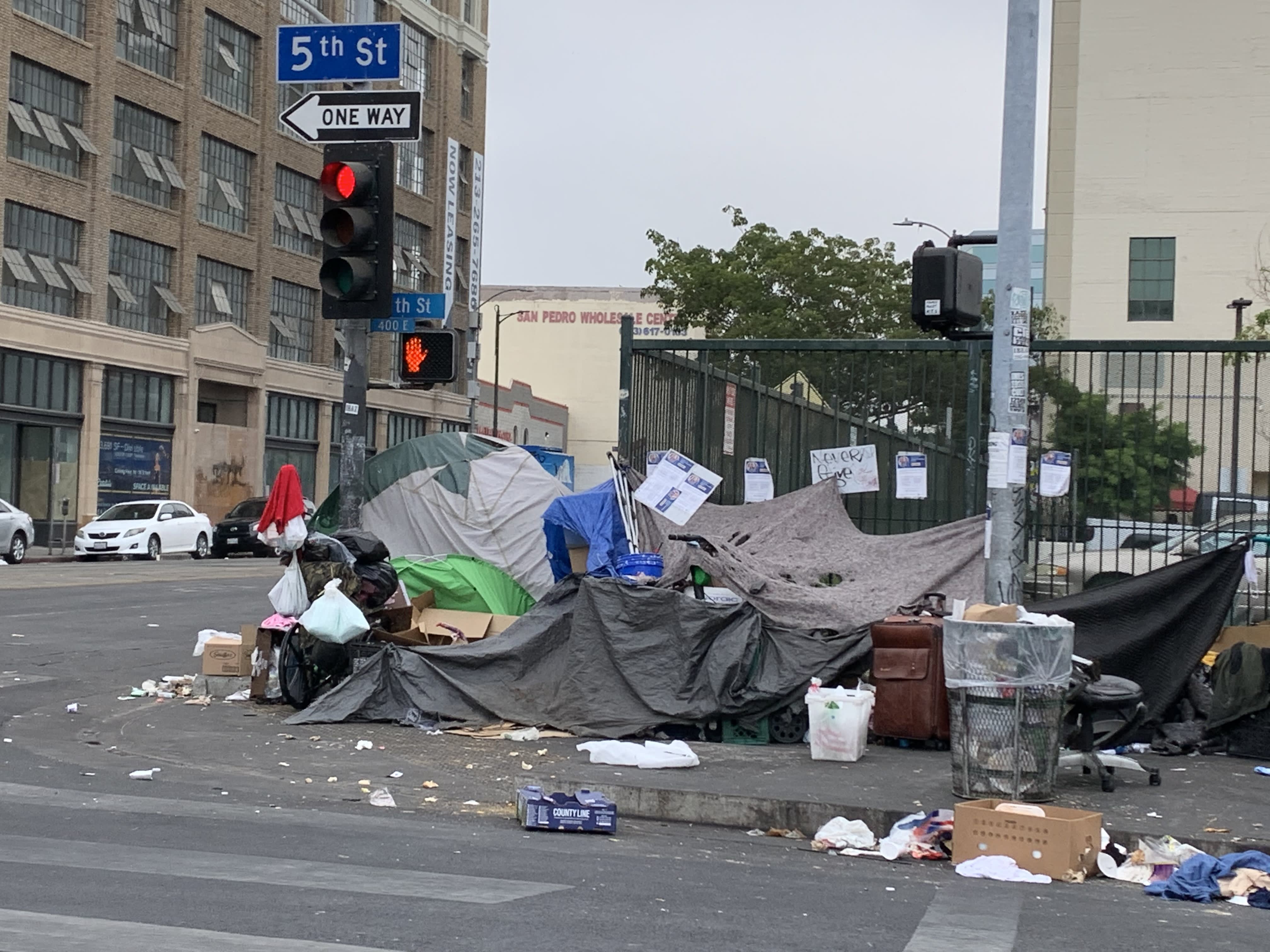 a street corner in "Skid Row" in Los Angeles.