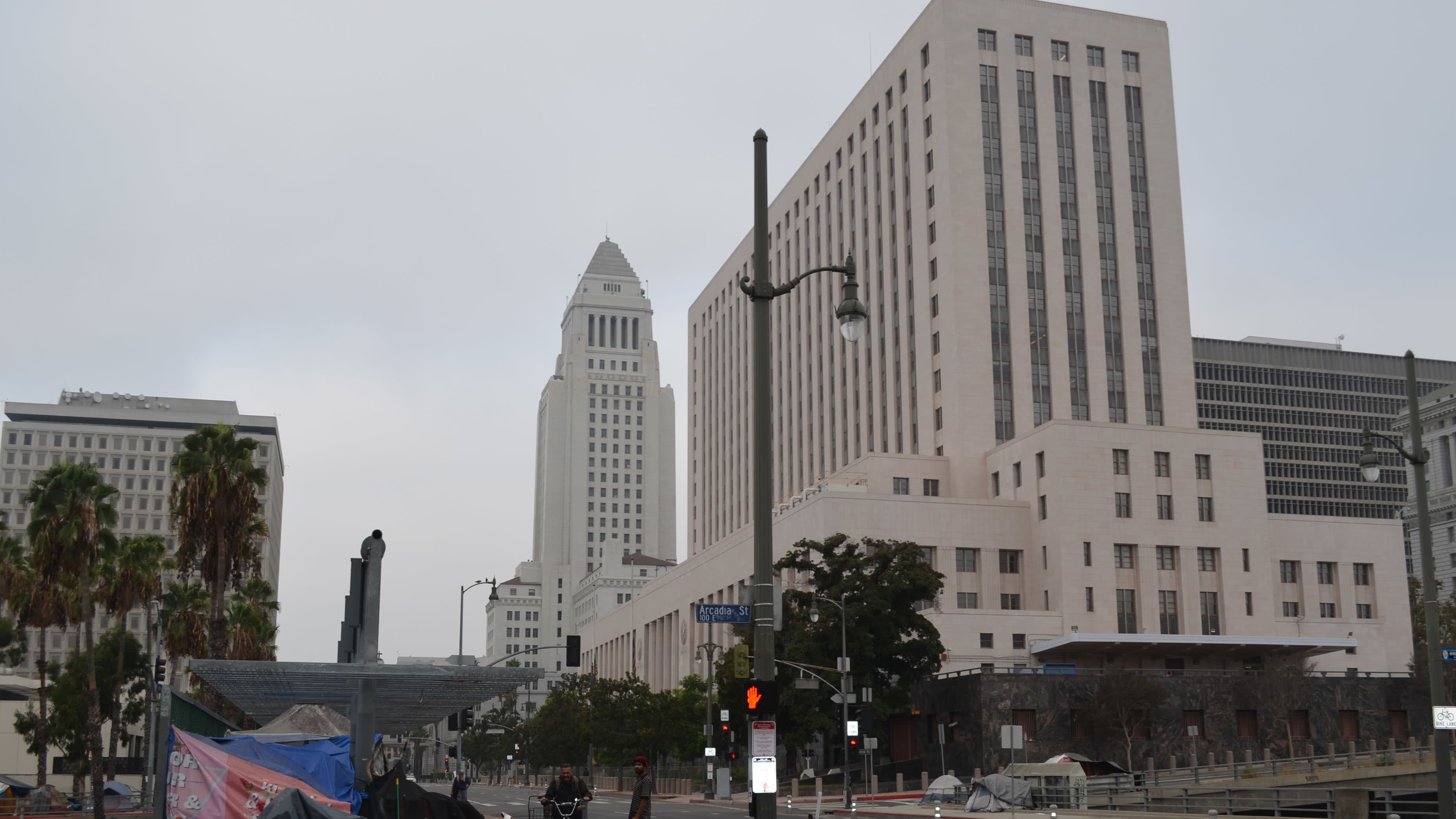 skid row in Los Angeles, with L.A. city hall in the background.
