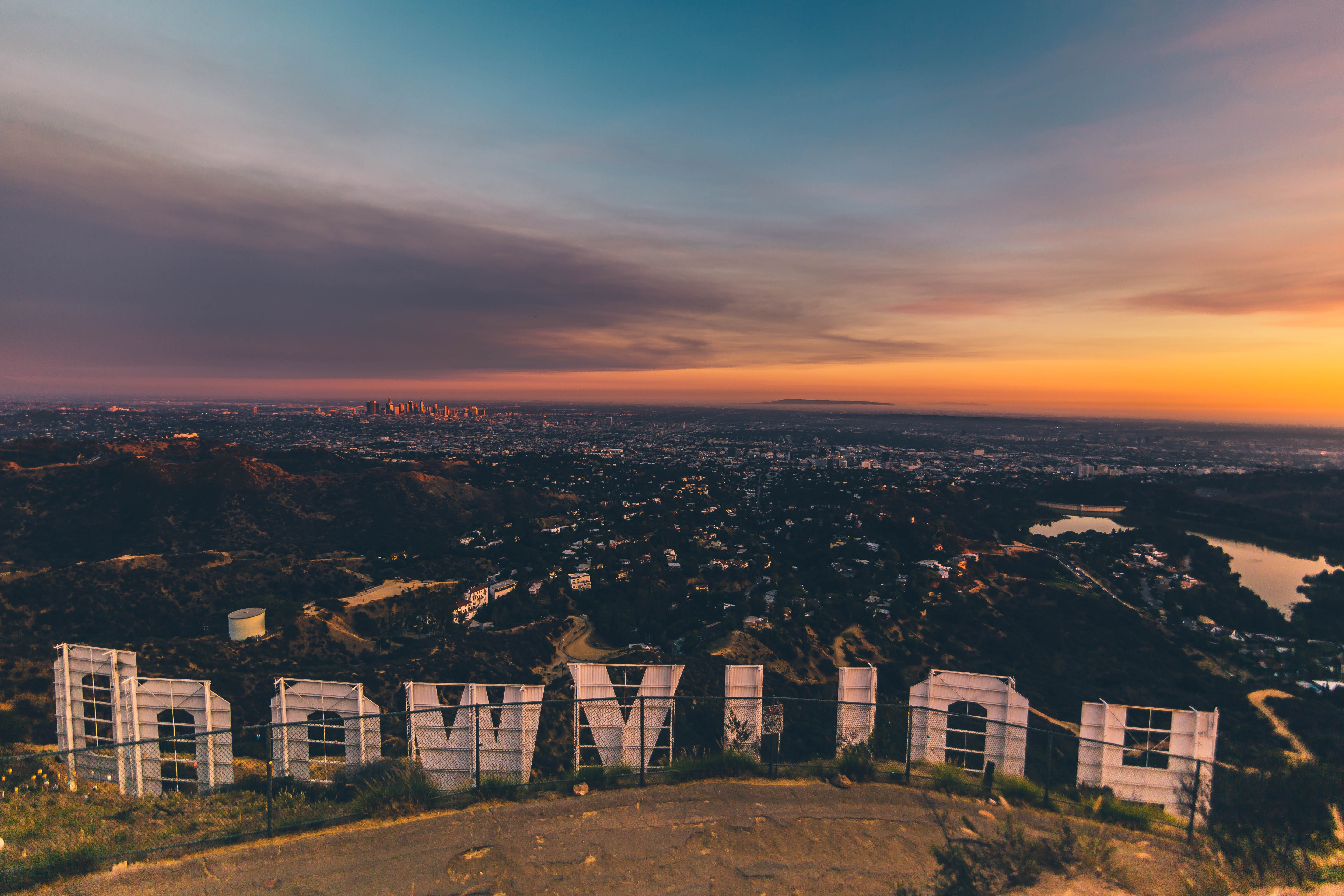 Photo taken from behind the Hollywood sign, with Los Angeles spread out below