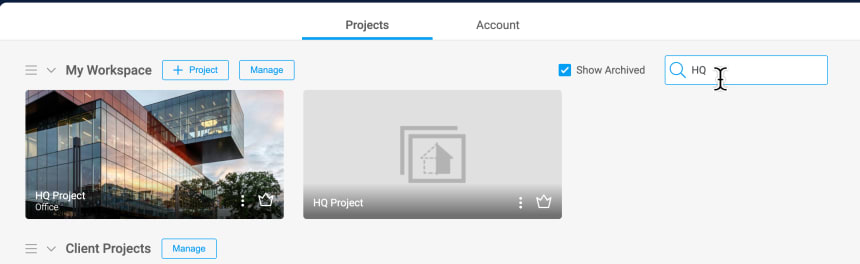 Account Dashboard project search bar used to find projects by name