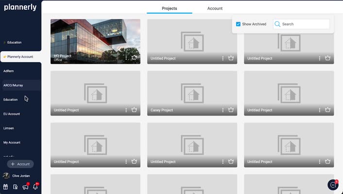 Accounts and projects list in Plannerly