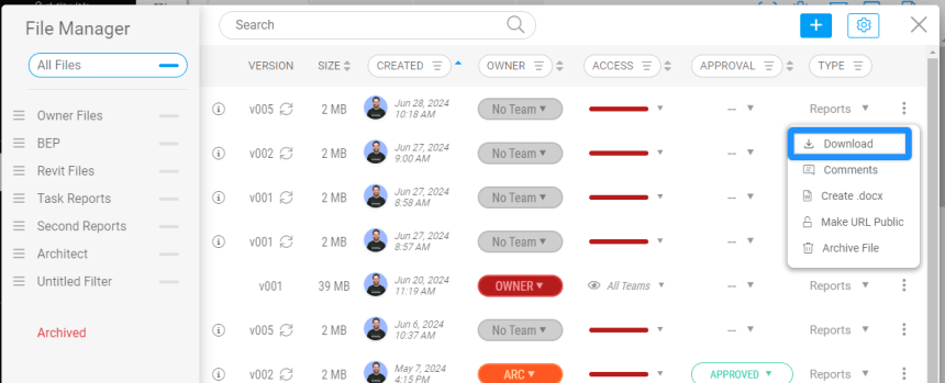 Download file option in Plannerly File Manager