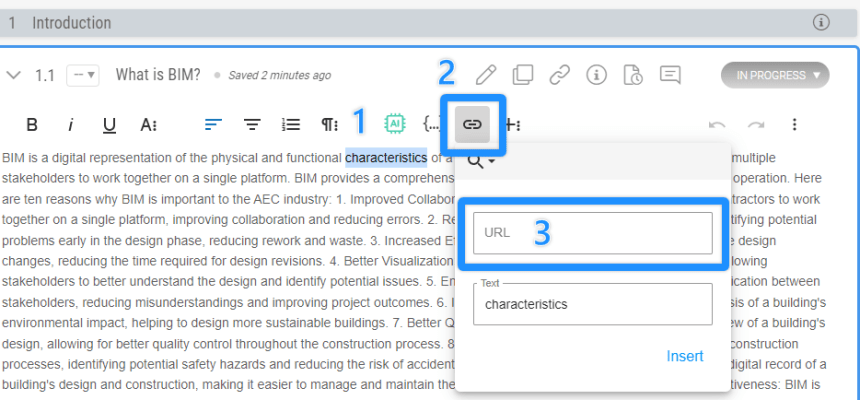 Insert Link dialog in Plannerly DOCS