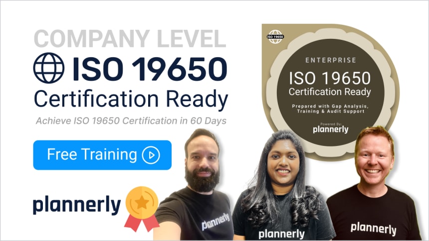 Company-level ISO 19650 Certification Ready banner with the Enterprise badge and three Plannerly trainers