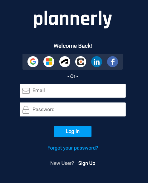 Plannerly platform sign in screen