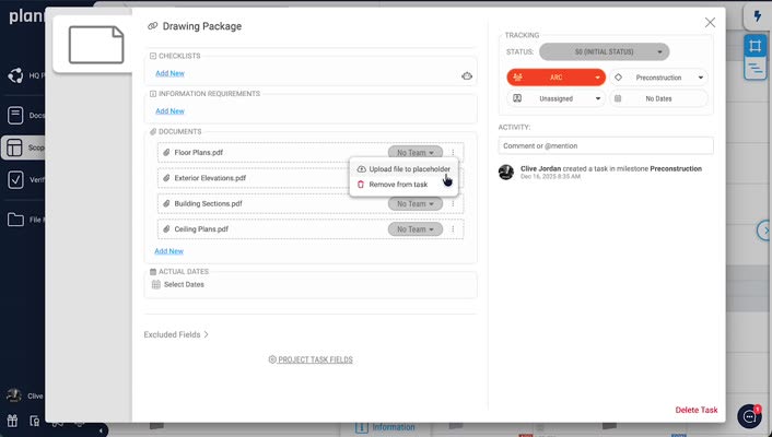 Upload area for required documents (drag and drop) with placeholders