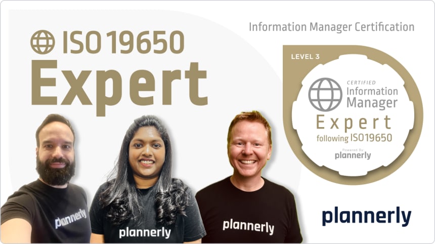ISO 19650 Expert banner with the Level 3 Information Manager badge and three Plannerly trainers
