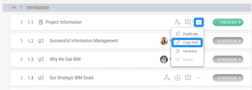 Copy link option from document section menu in Plannerly