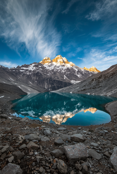 High-altitude turquoise lake and snow-capped peaks