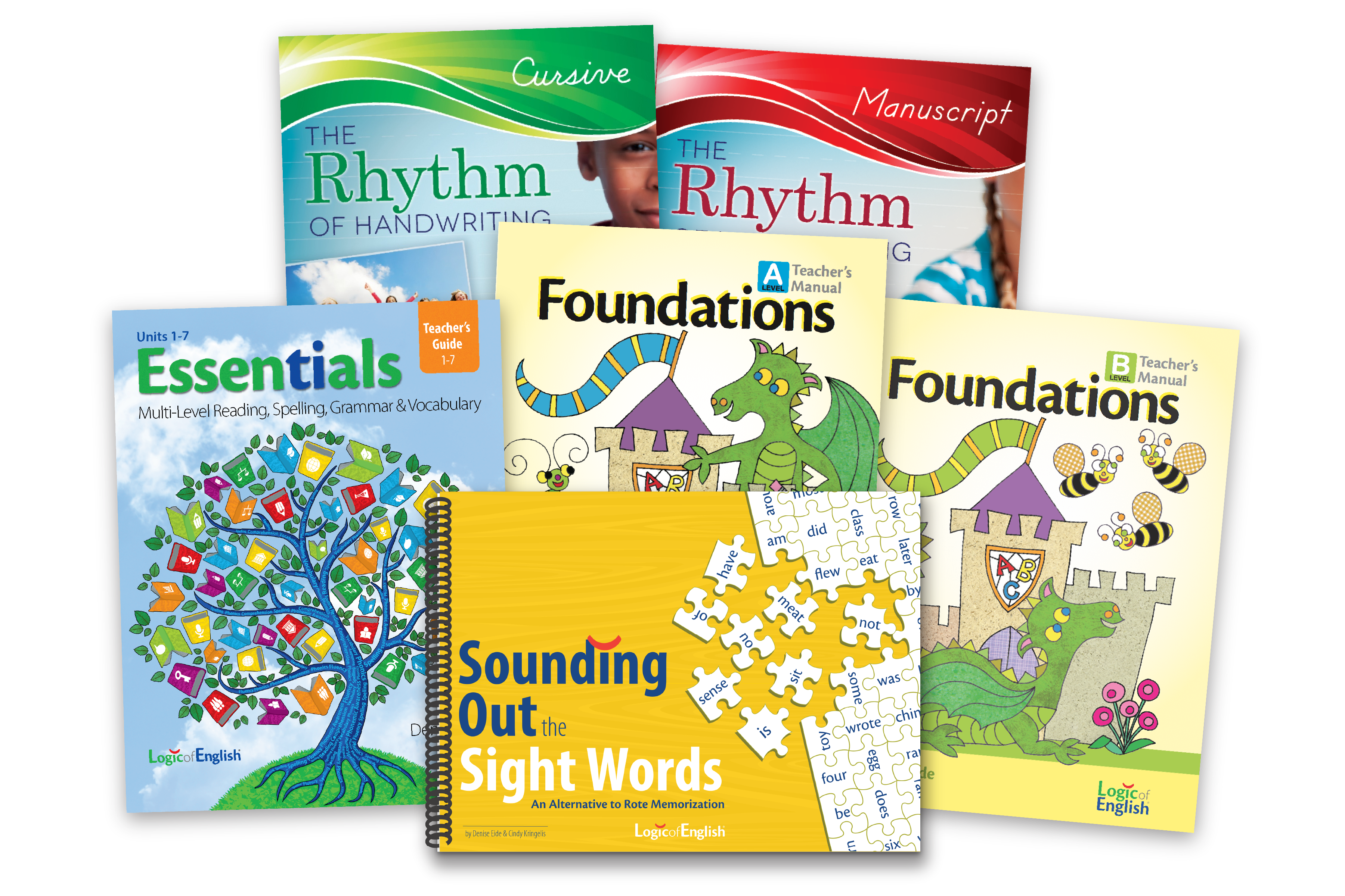 Display of starting points for all curriculum lines: Foundations, Essentials, Rhythm of Handwriting and Sounding Out the Sight Words